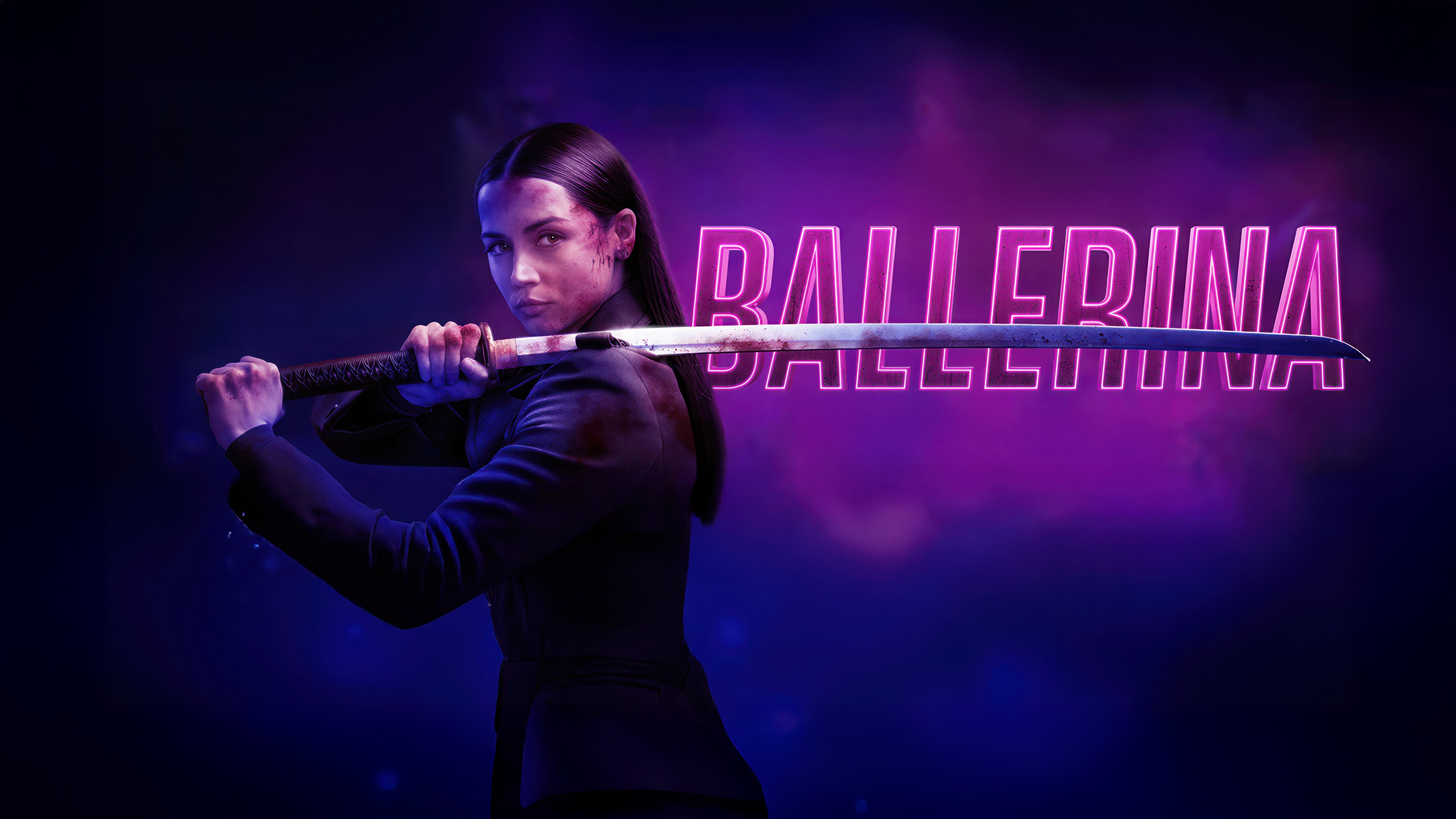 Ana de Armas, Katana, Ballerina, Filmes de 2025, Texto neon, Roxo escuro, 5K