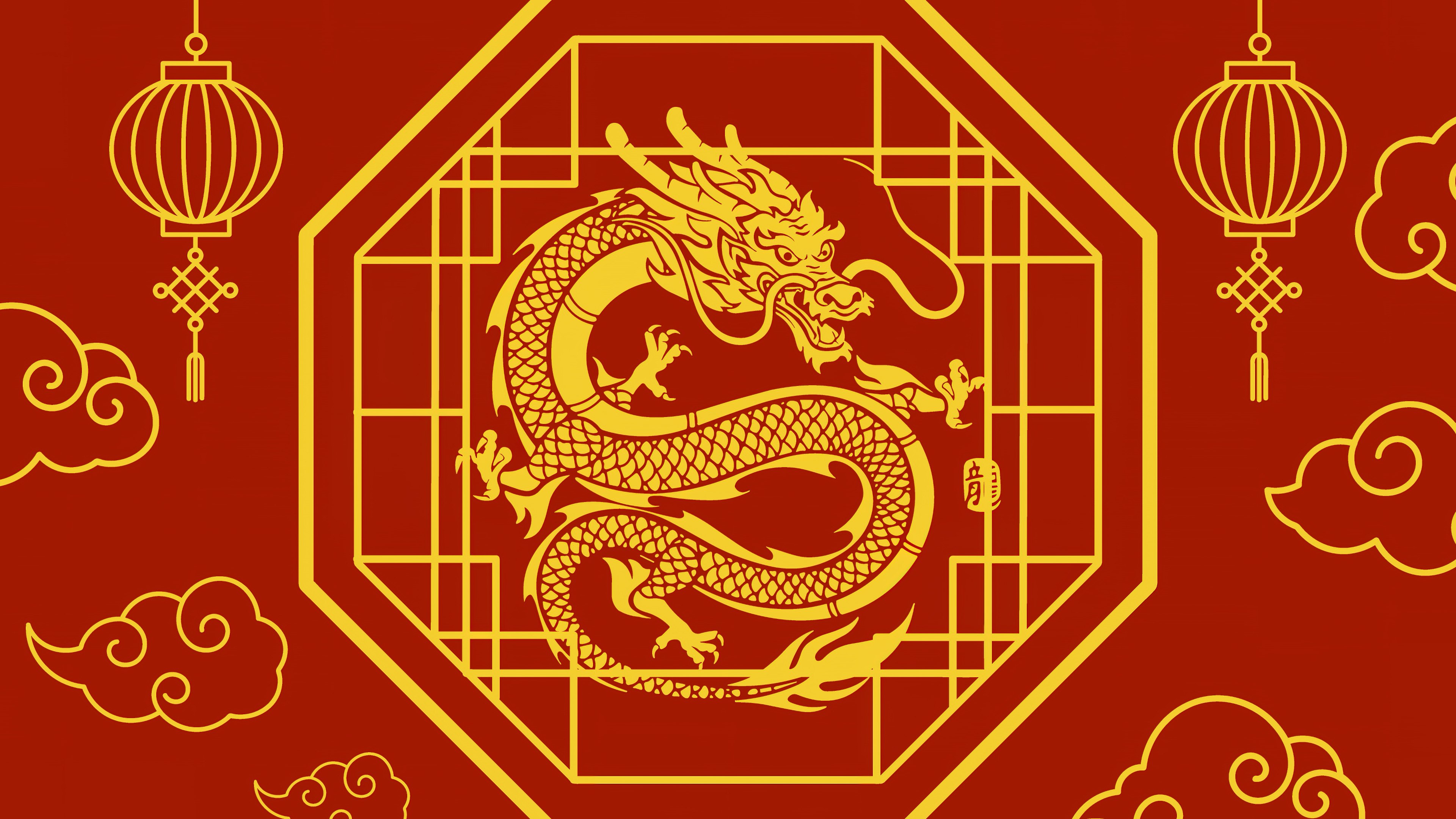 Ano Novo Chinês, Ano do Dragão, Ilustração, Fundo vermelho