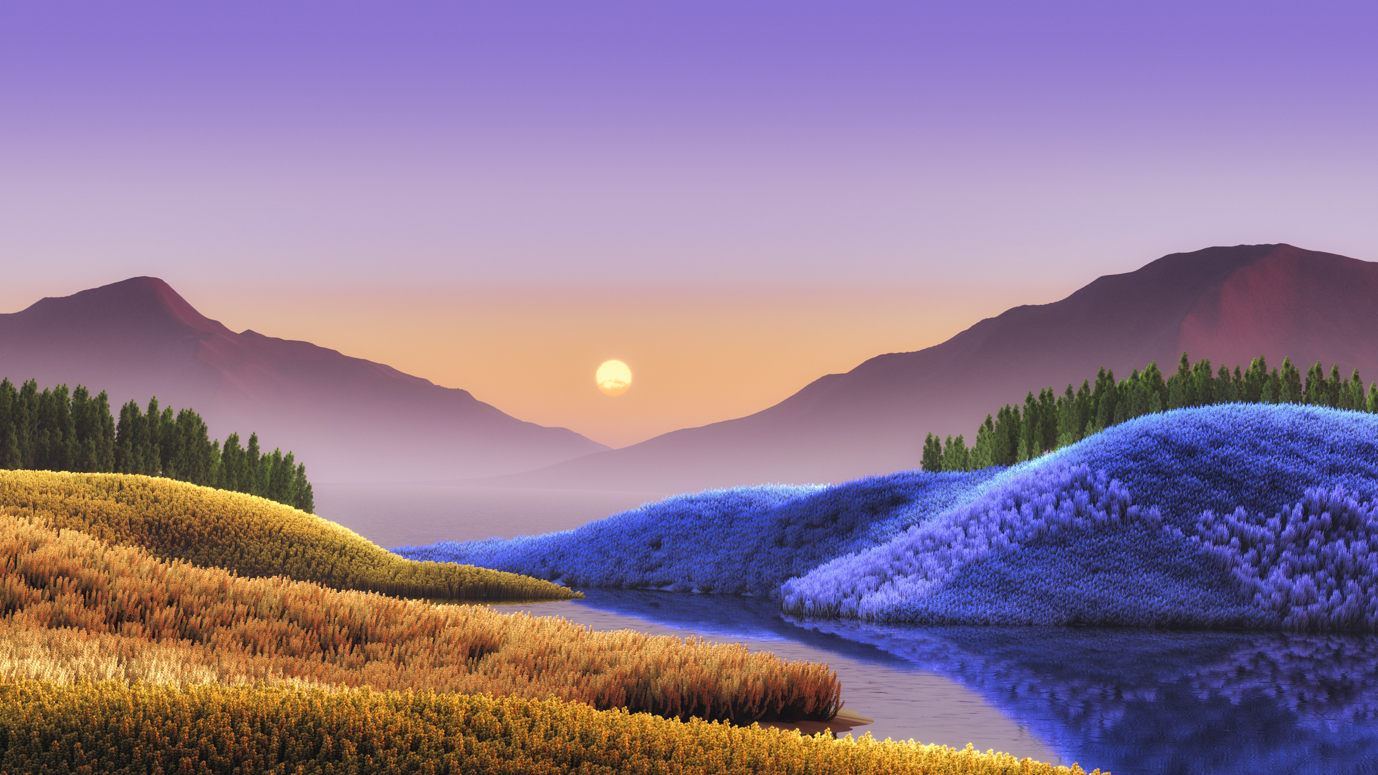 Anoitecer, Paisagem, Surreal, Windows 11, Pôr do sol, Lago, Colorido, Estética, Verão