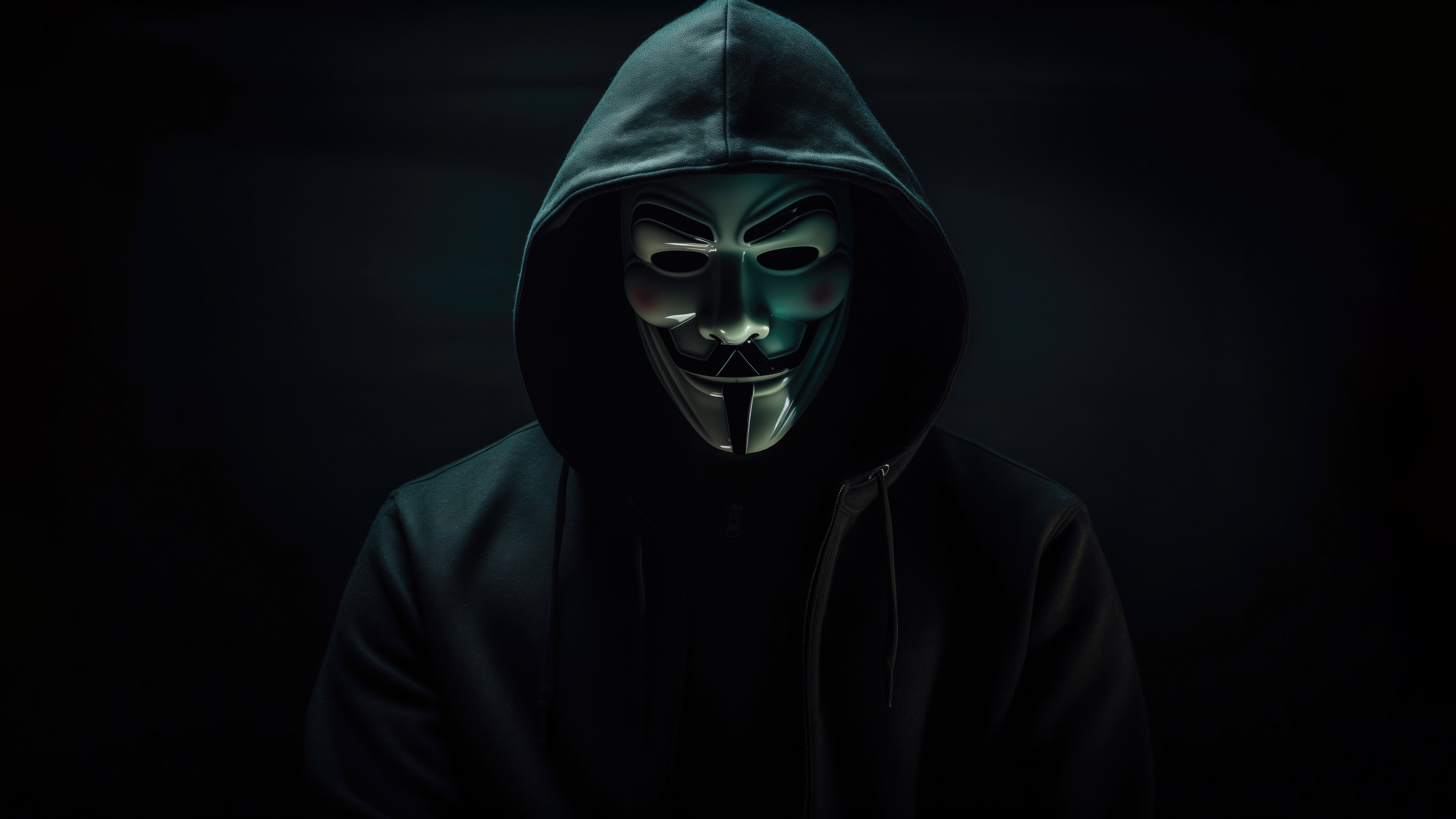Anonymous, Homem encapuzado, Hacker, 5K, 8K, Fundo escuro