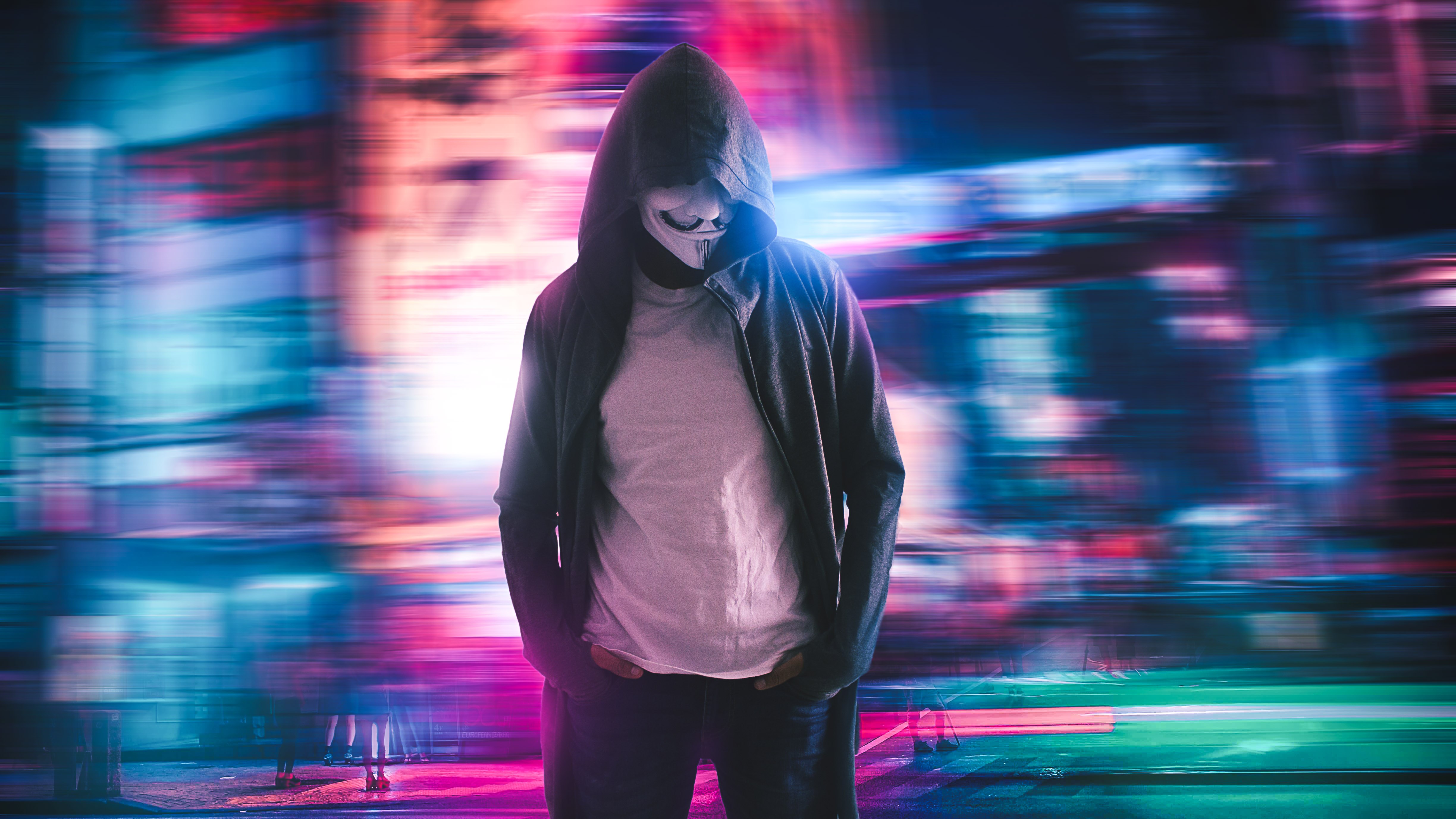 Anonymous, Neon, Luzes da cidade, Urbano, Rastros de luz, 5K