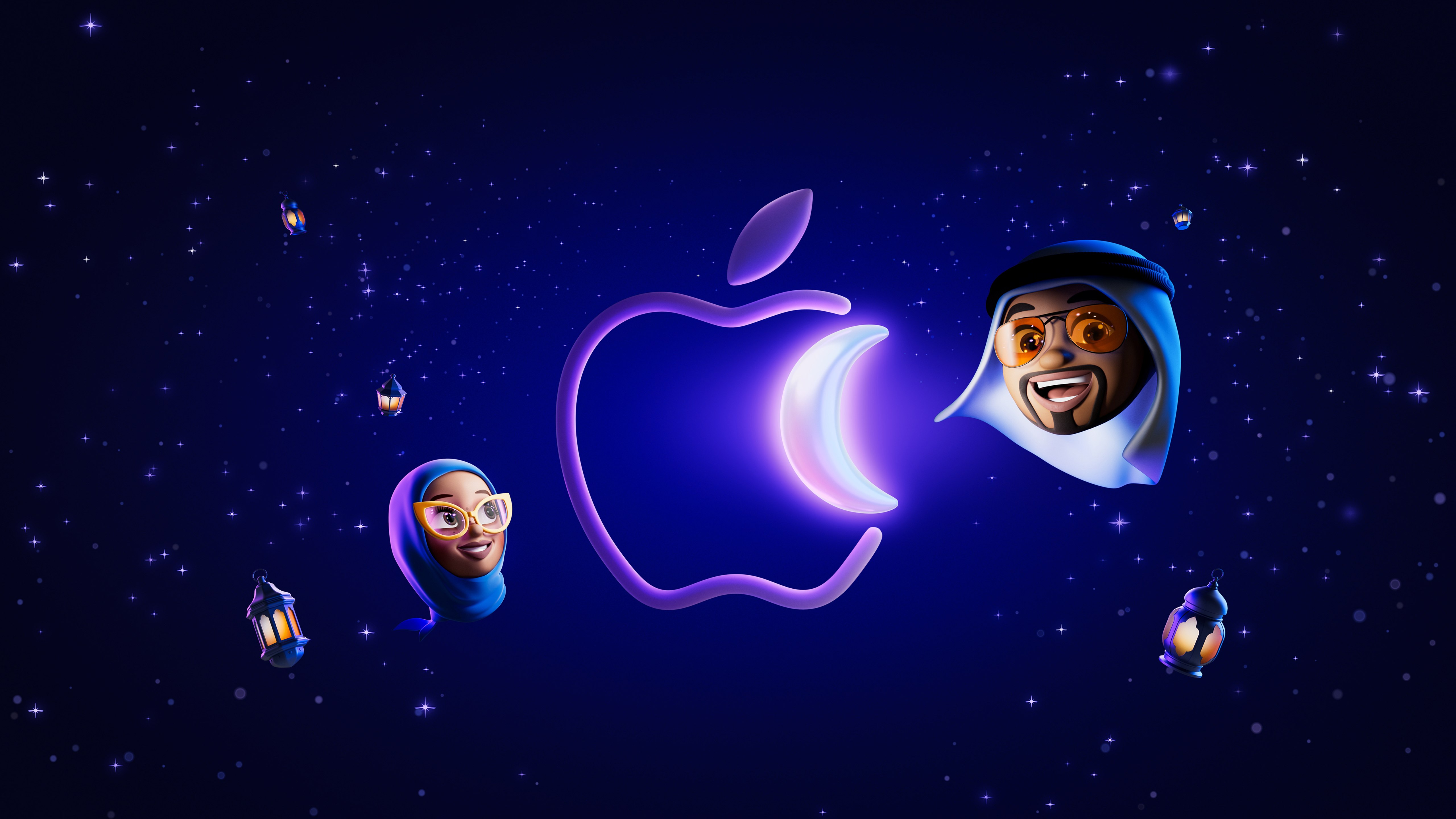 Apple, Ramadã, 5K, Lua crescente, Lanternas, Ilustração, Azul escuro, Logo da Apple