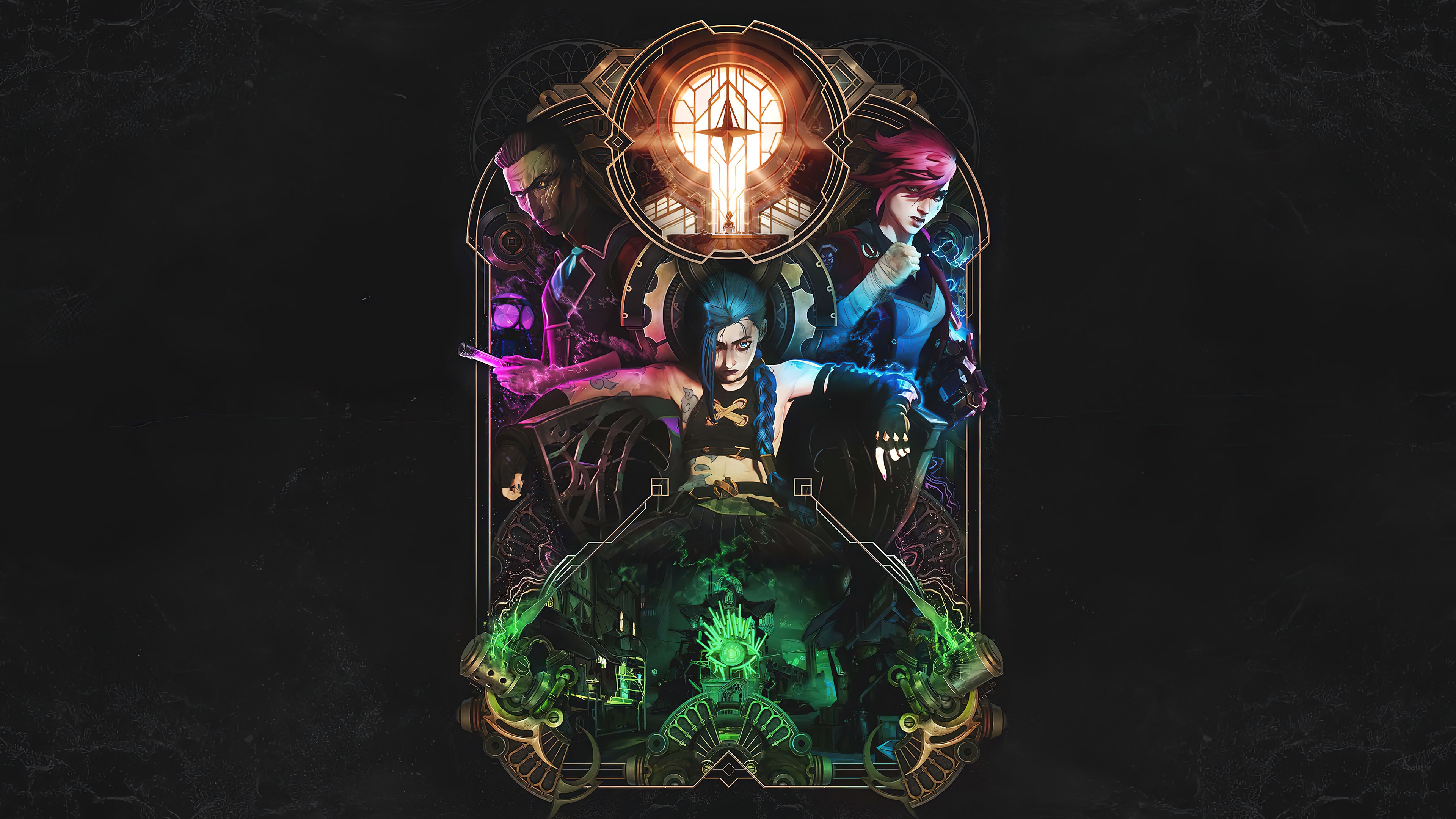 Arcane, League of Legends, Vi (LoL), Jinx, Fundo escuro, Arte
