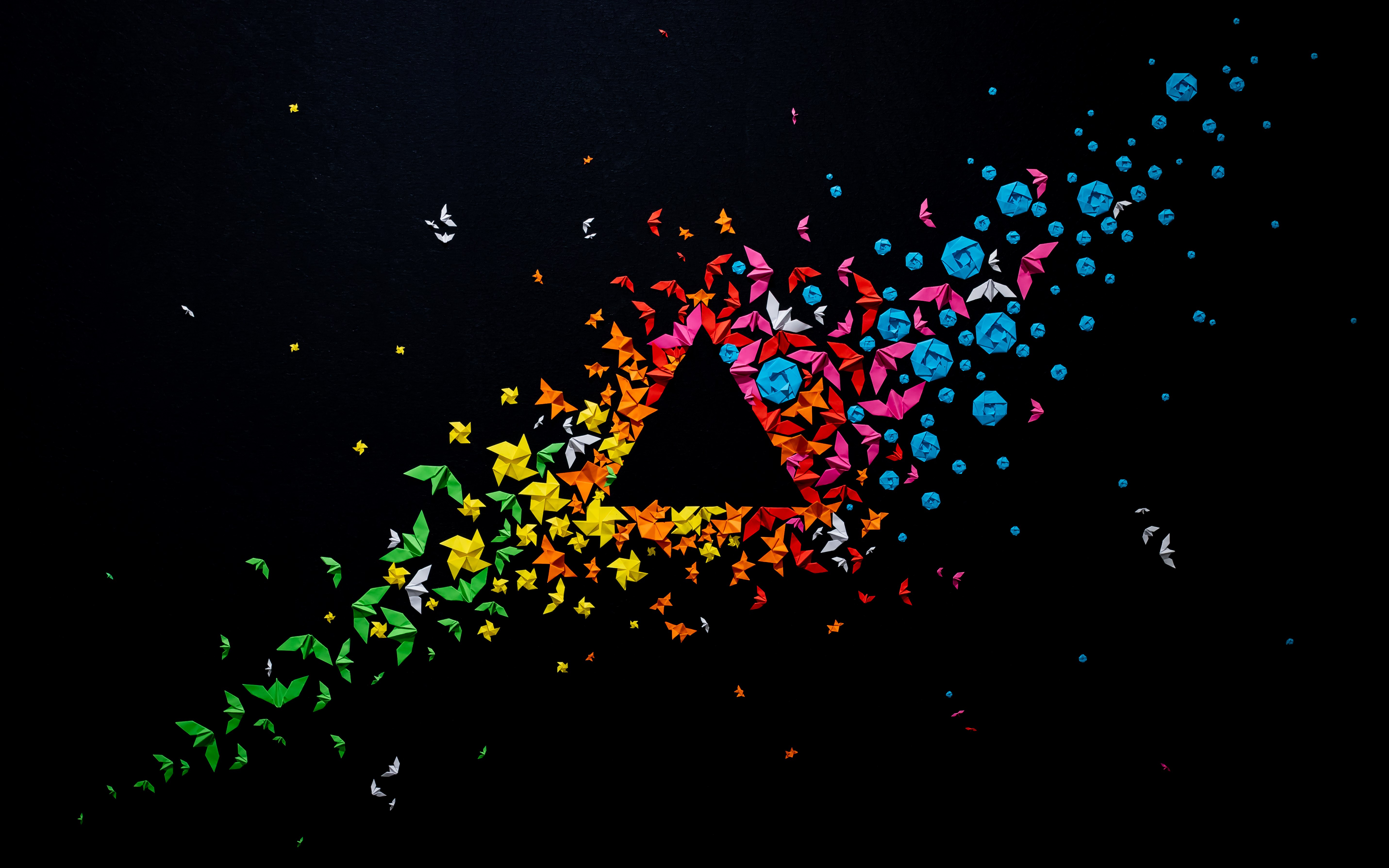 Arte em papel, Origami, Panóplia, Triângulo, Geométrico, Multicolorido, Colorido, Fundo preto, Artesanato, 5K