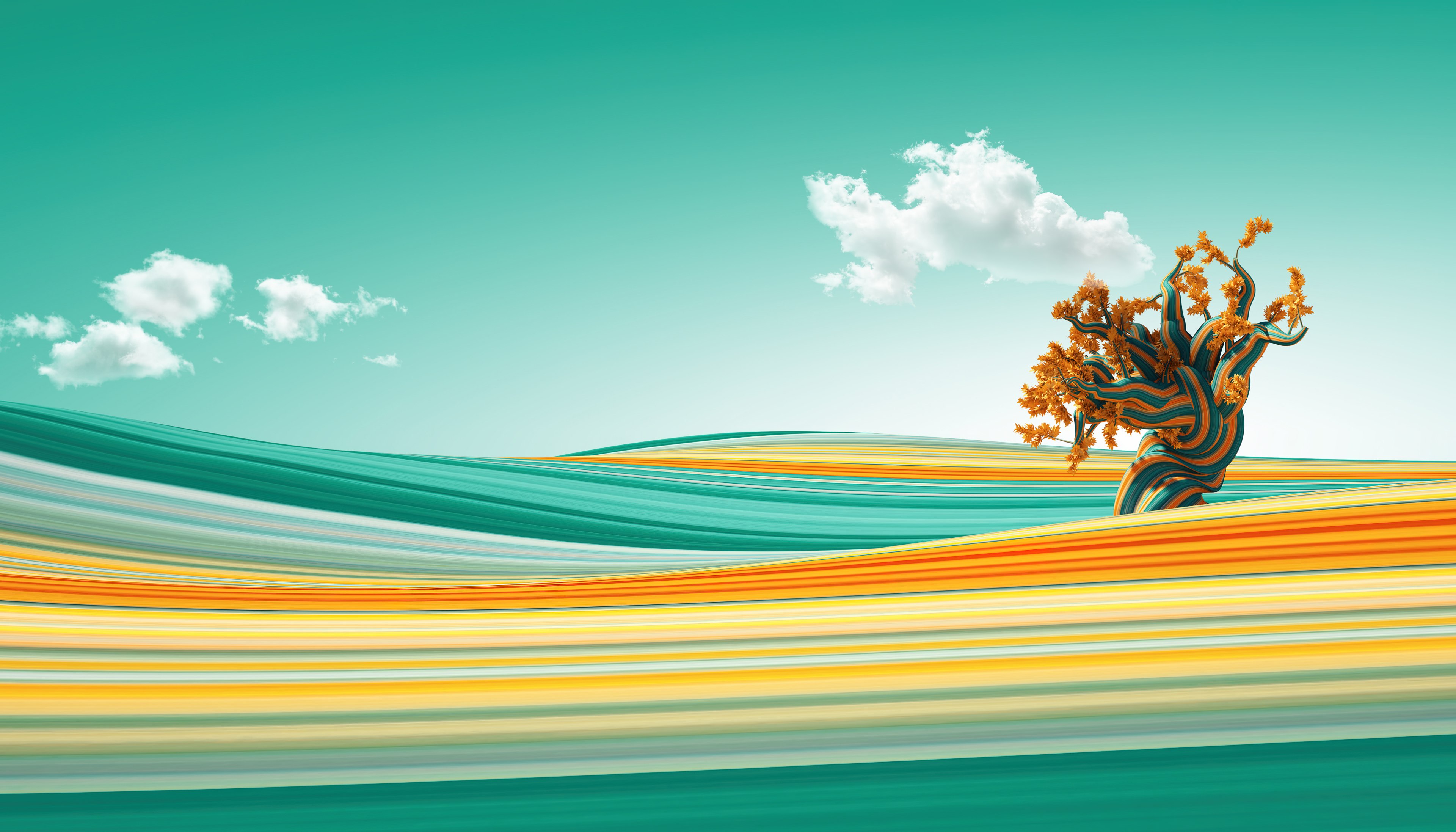 Árvore solitária, Nuvens, Ondas, Colorido, Felicidade, Surreal