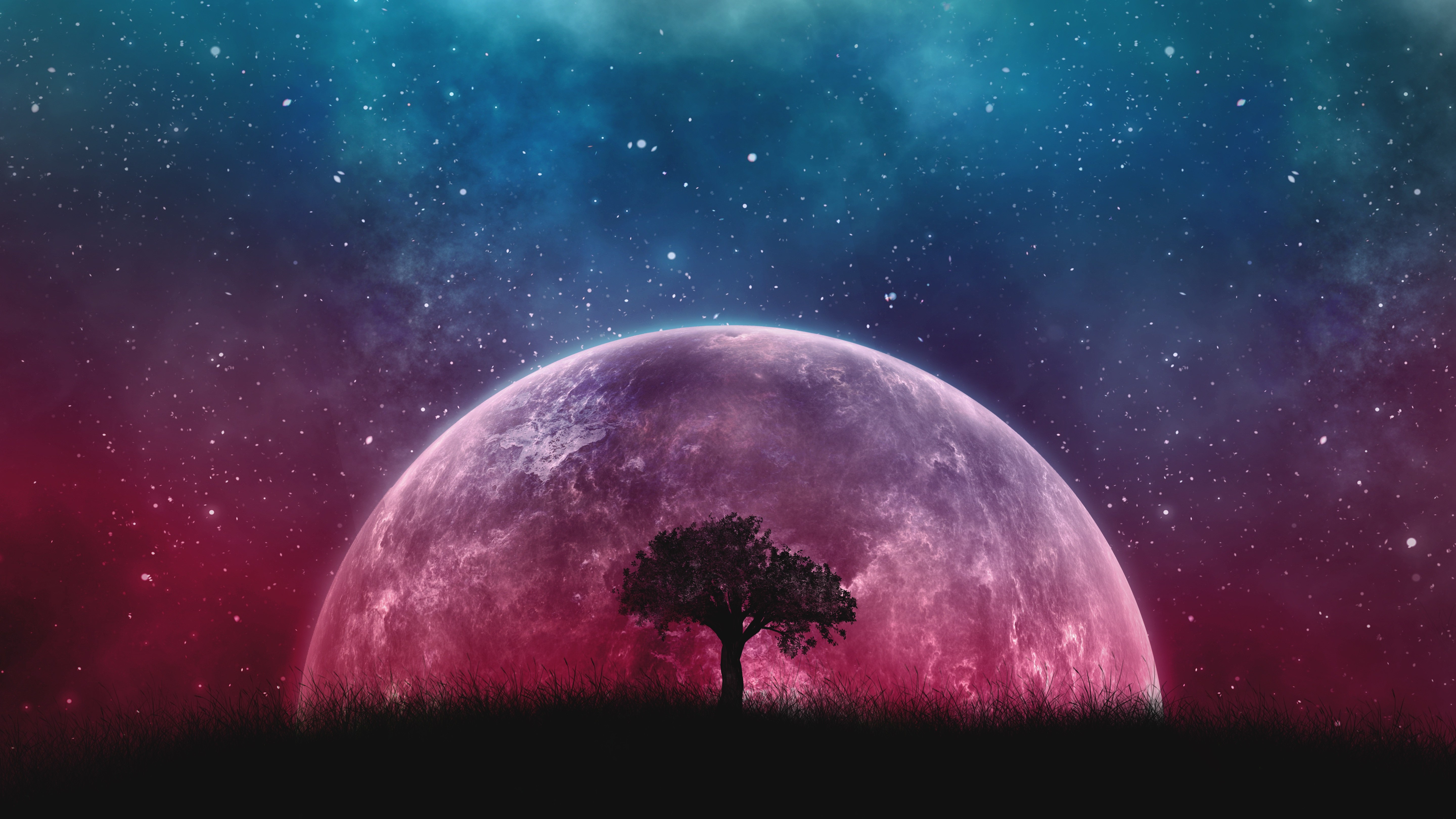 Árvore solitária, Planeta, Surreal, Noite, Silhueta, Céu estrelado, 5K, Estética