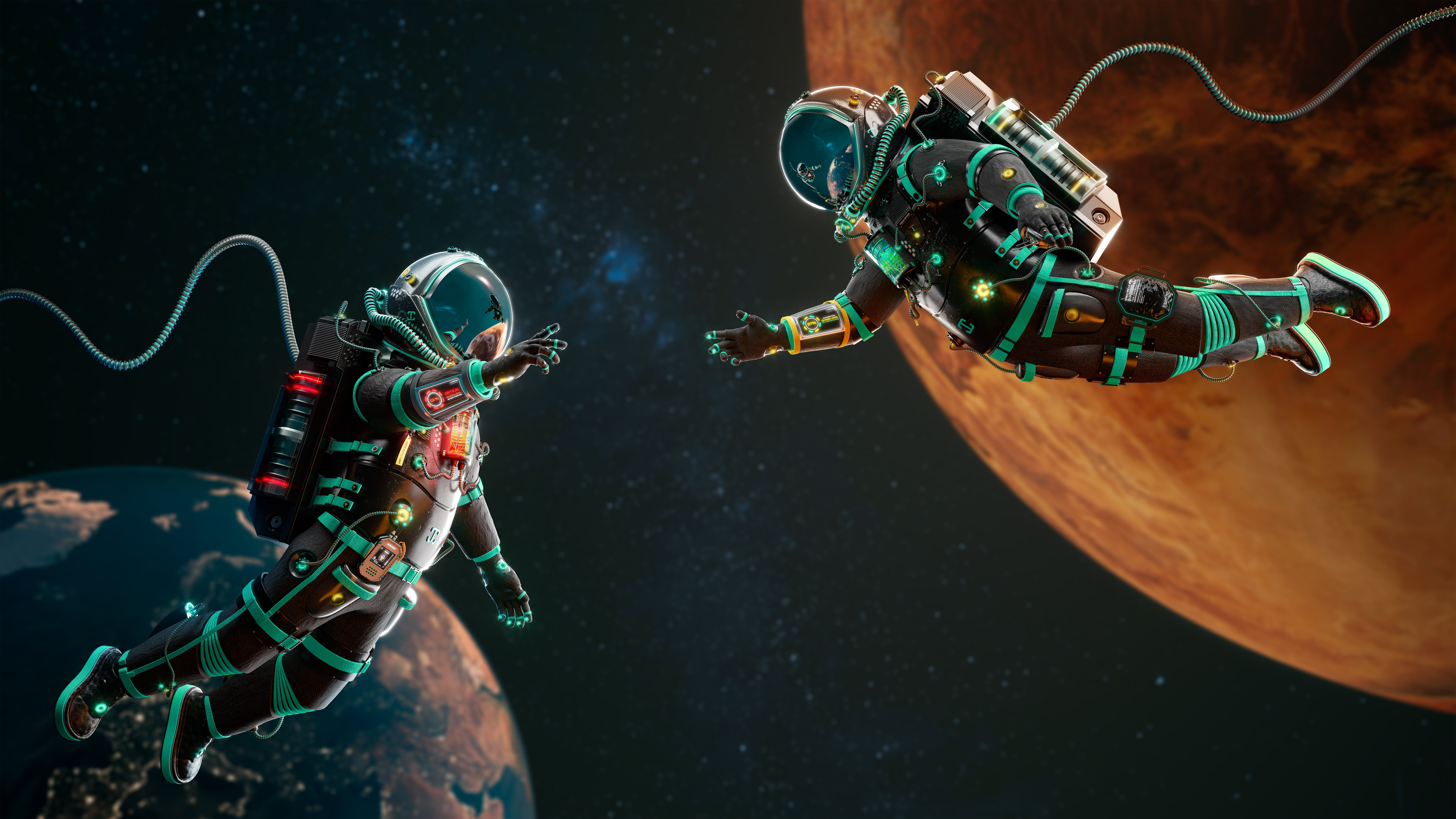 Astronautas, Apertando as mãos, 8K, Perdidos no espaço, Terra, Marte, 5K