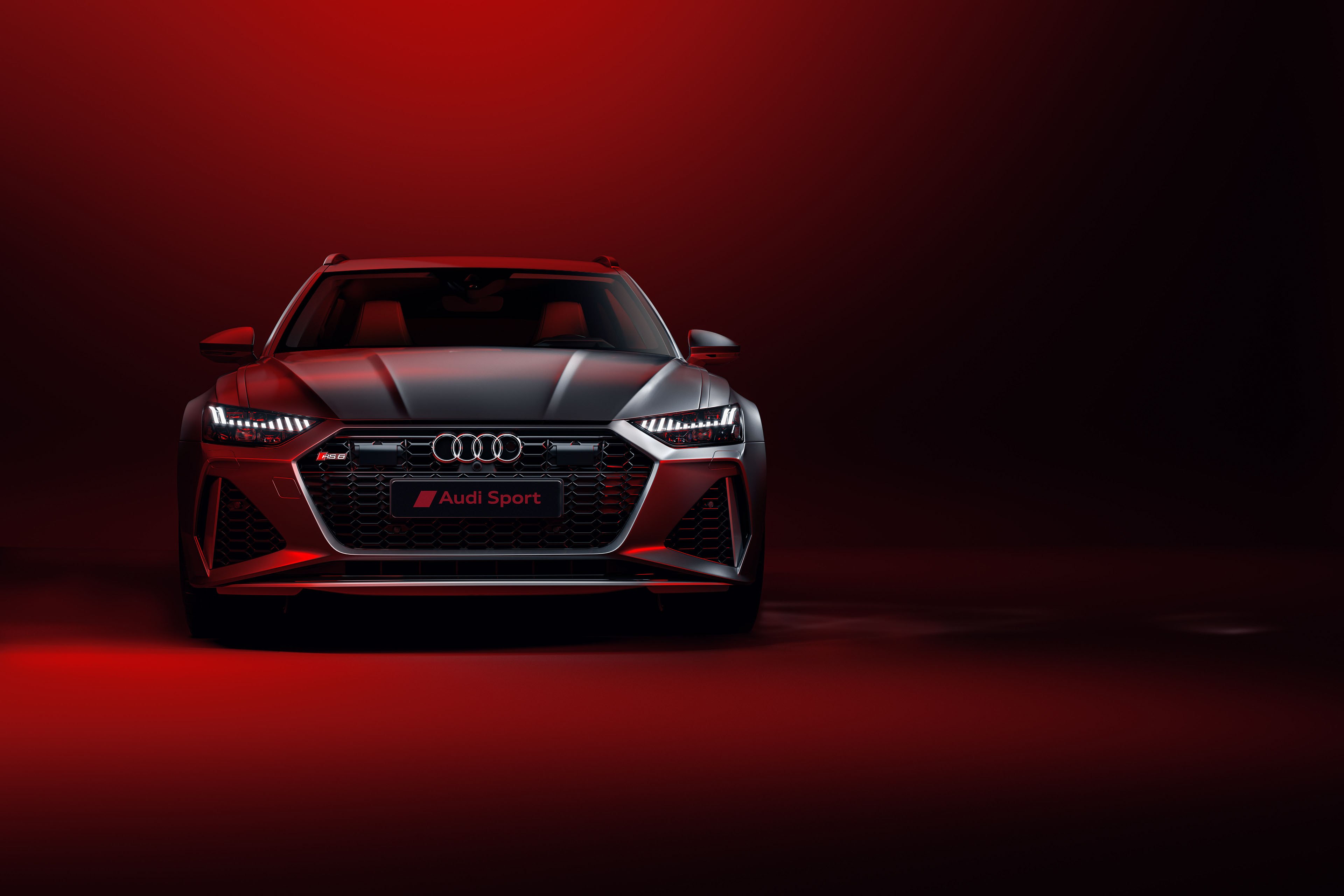 Audi RS6, Sedã esportivo de luxo, Fundo vermelho, CGI, Vermelho escuro