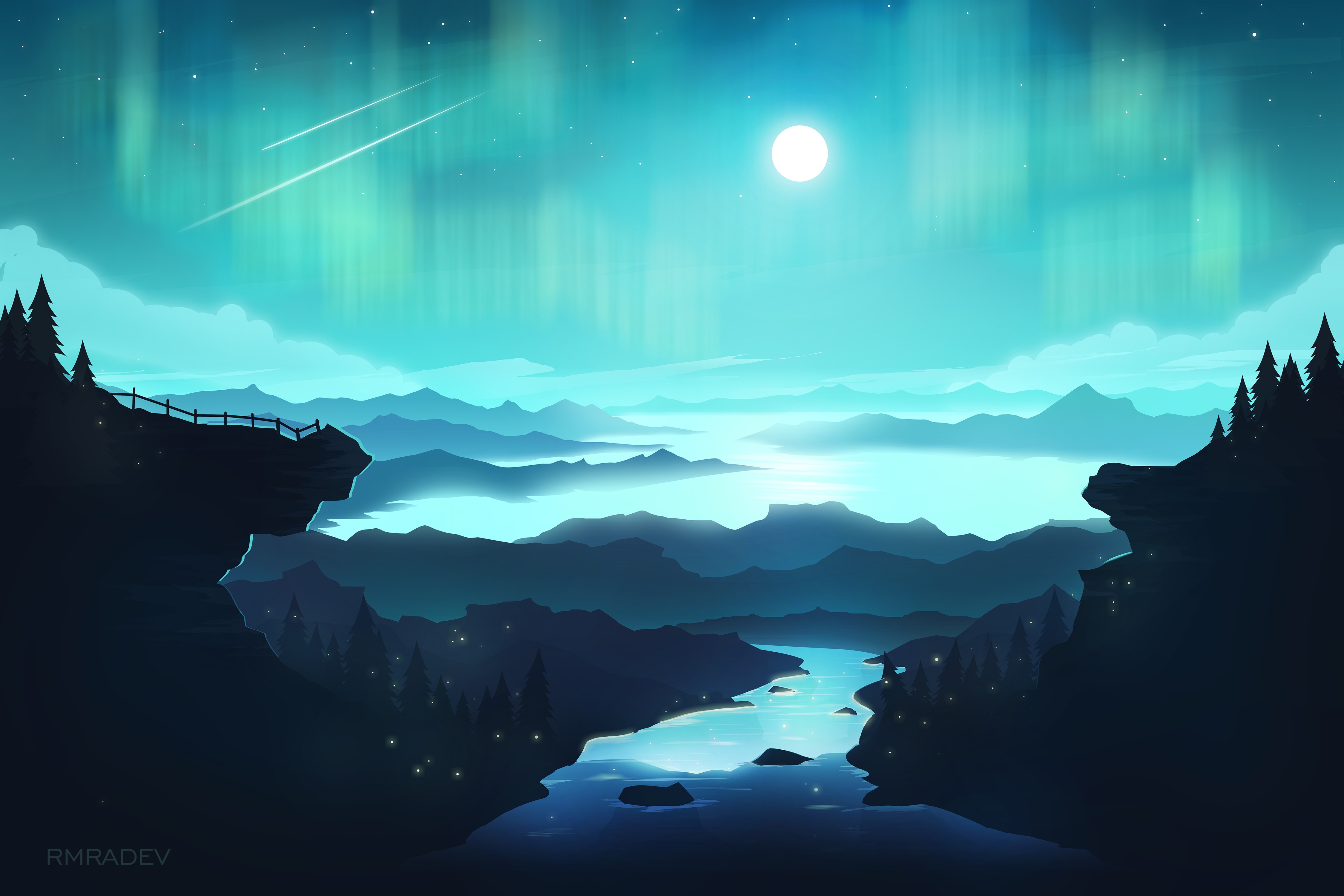 Aurora boreal, Lua, Rio, Arte digital, Montanhas, Rastros de estrelas, Paisagem, Cenário