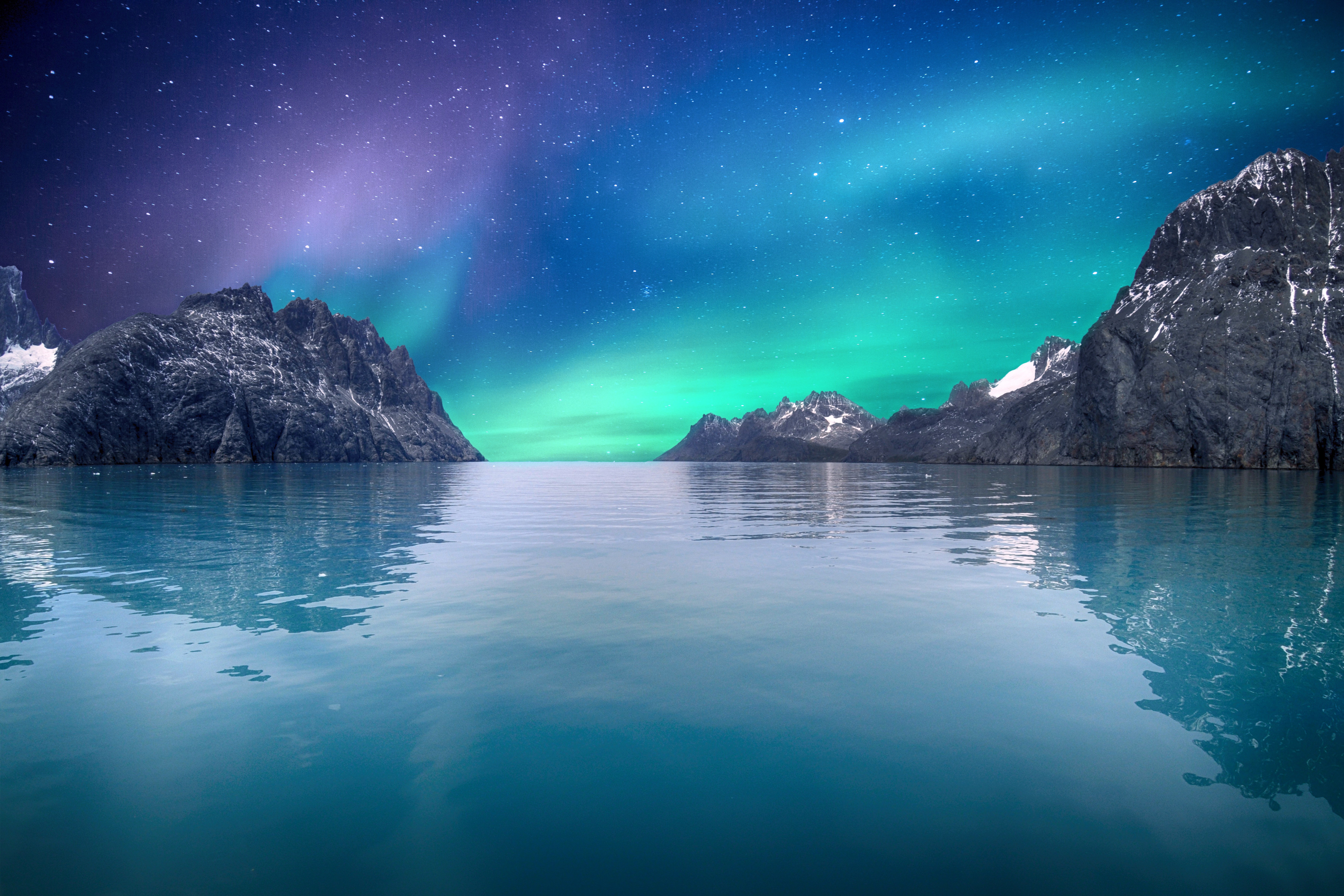 Aurora boreal, Mar, Céu azul, Estrelas, Reflexo, Montanhas, Geleira, Aurora Borealis, 5K, 8K