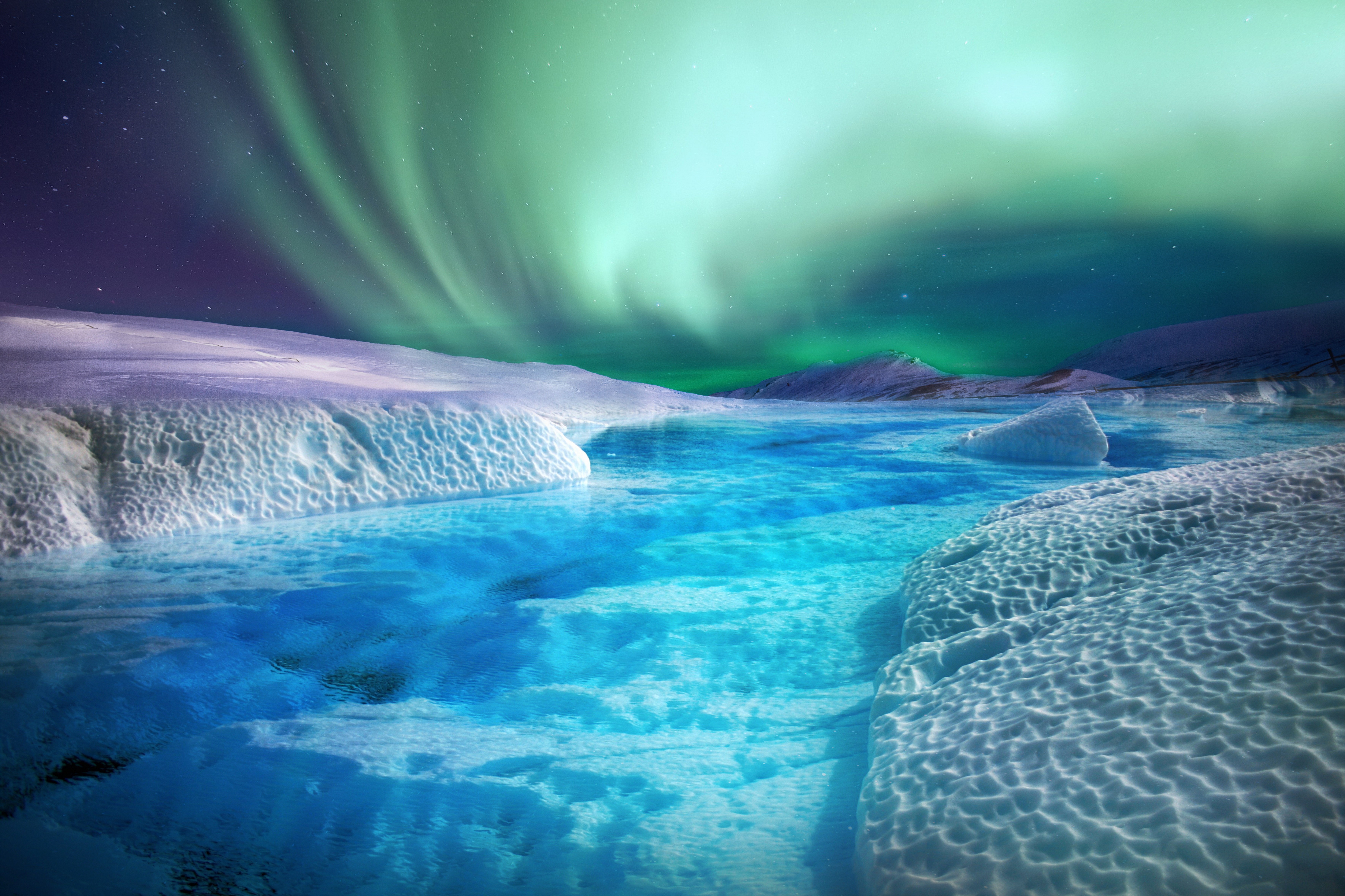 Aurora boreal, Rio, Aurora boreal, Lago congelado, Noite, 5K, 8K