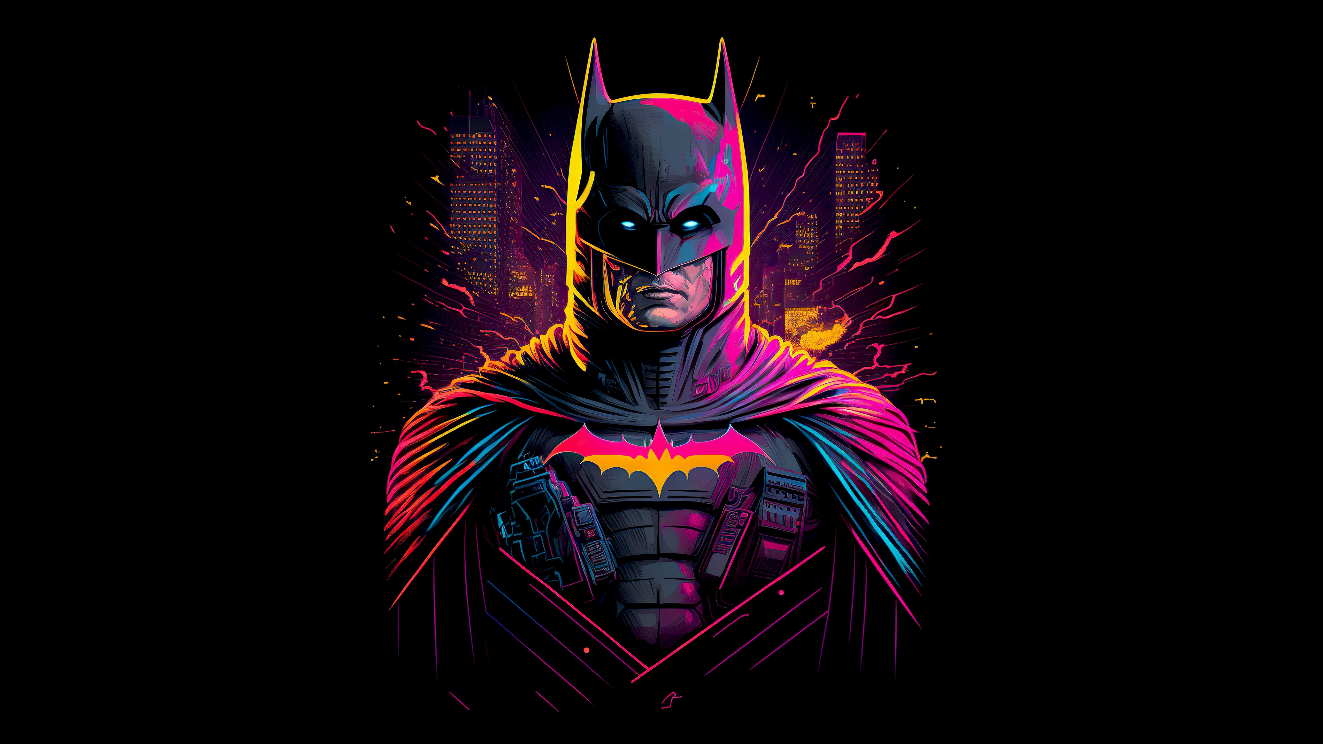 Batman, Arte neon, Fundo escuro, 5K