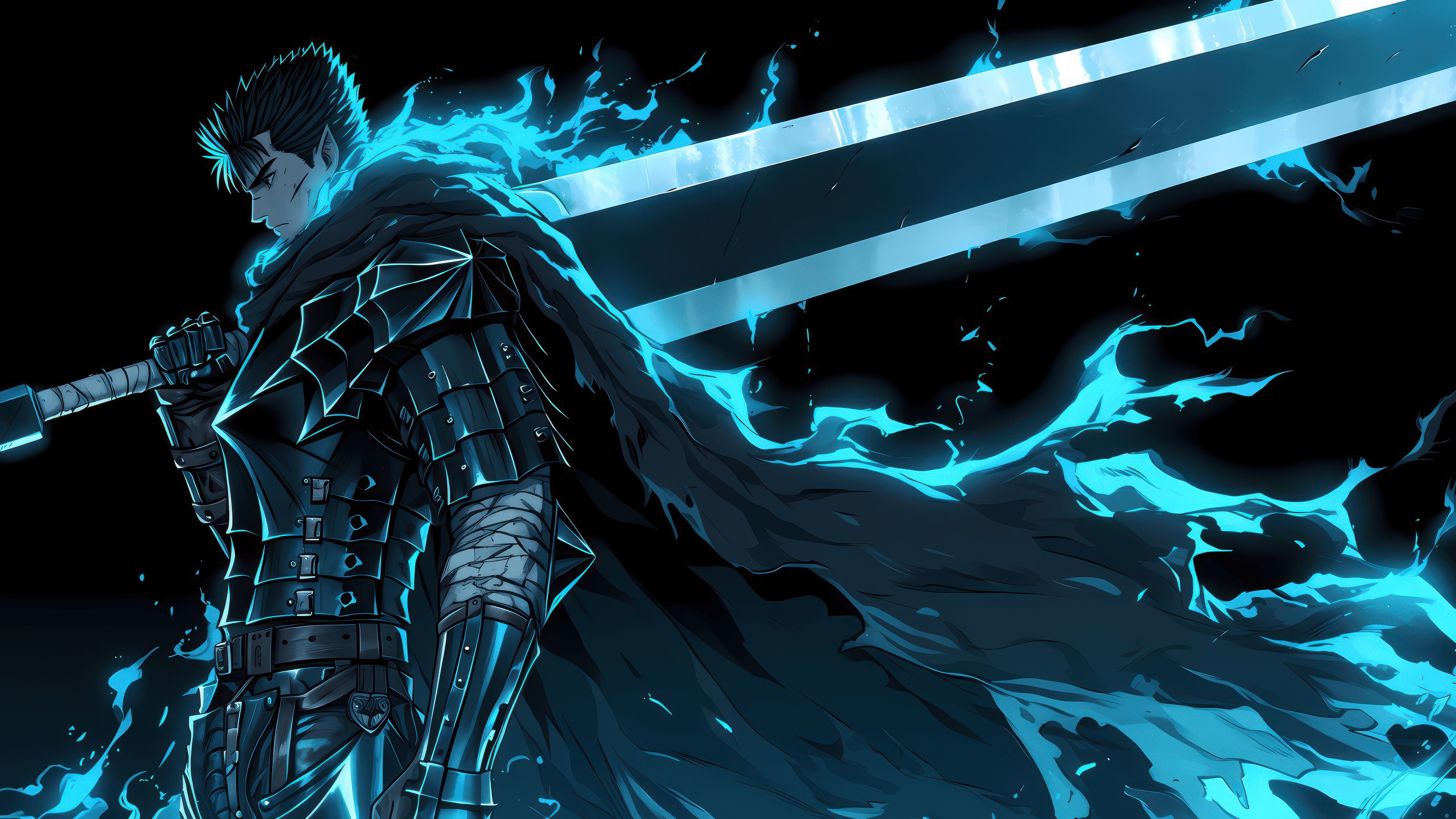 Berserk, Cavaleiro, Guts, Guerreiro, Dragon Slayer, 5K, Fundo preto, Espada