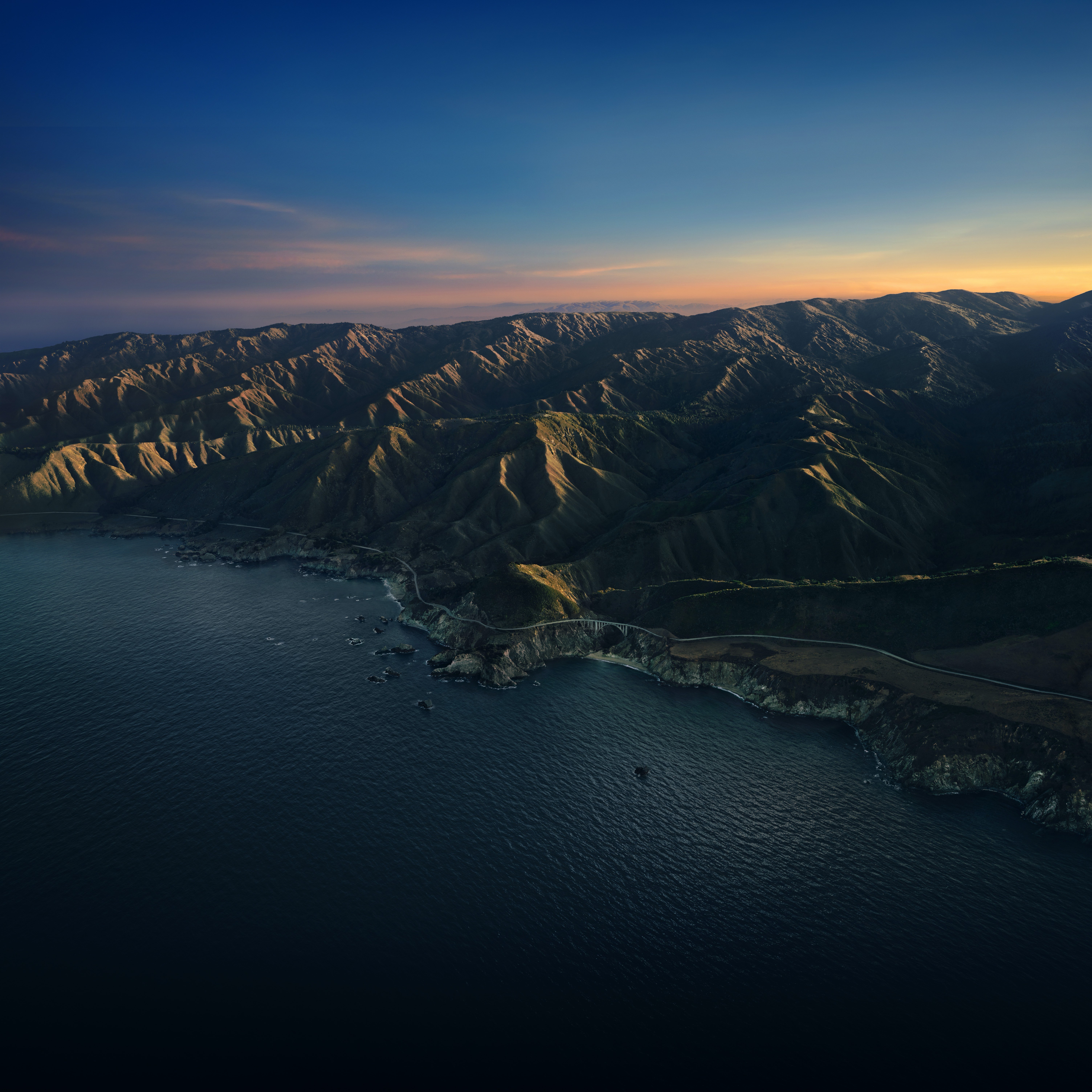 Big Sur, Amanhecer, Montanhas, Céu limpo, Nascer do sol, Manhã, macOS Big Sur, Stock, Califórnia, 5K
