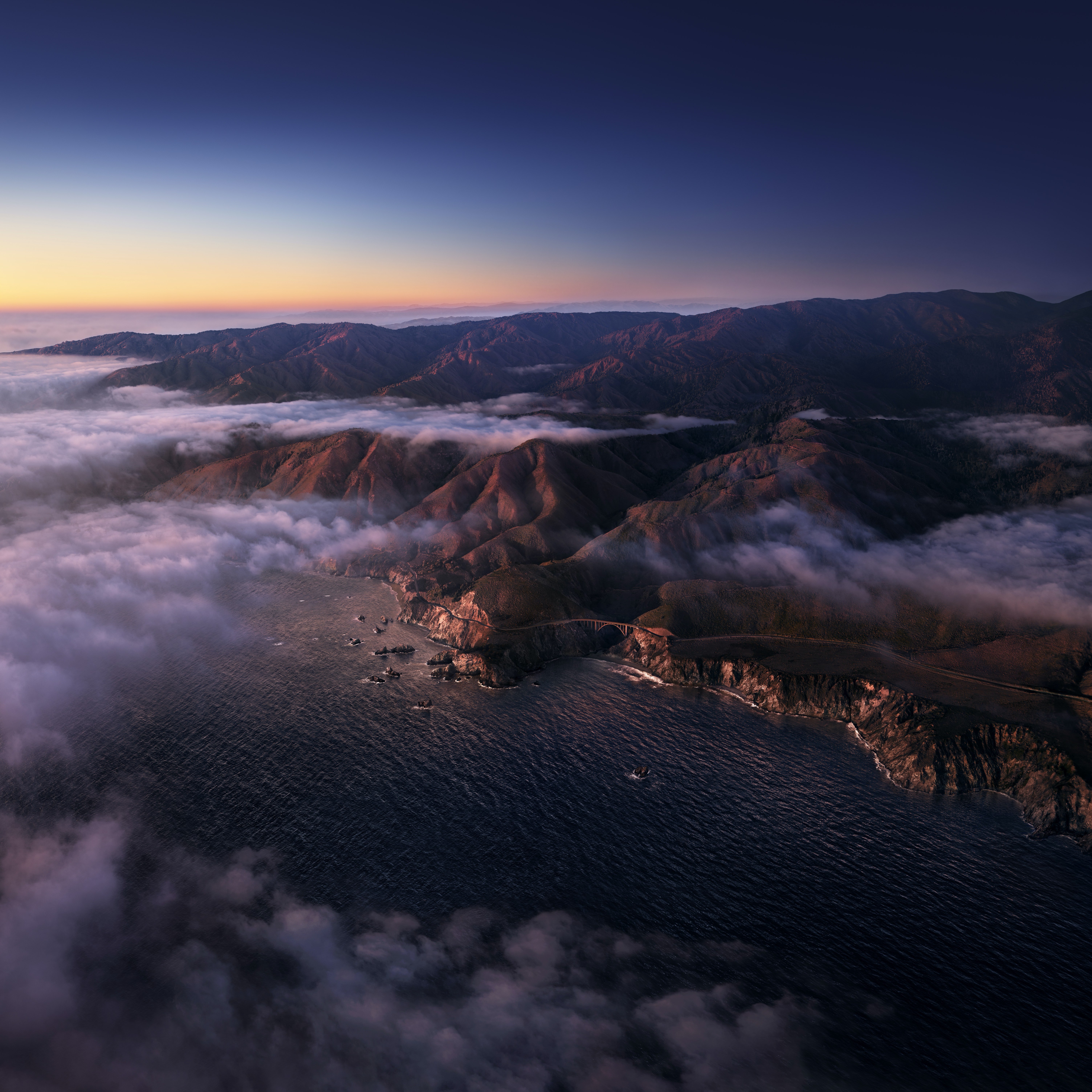 Big Sur, Nascer do sol, Montanhas, Nuvens, Manhã, macOS Big Sur, Luz do dia, Stock, Califórnia, 5K