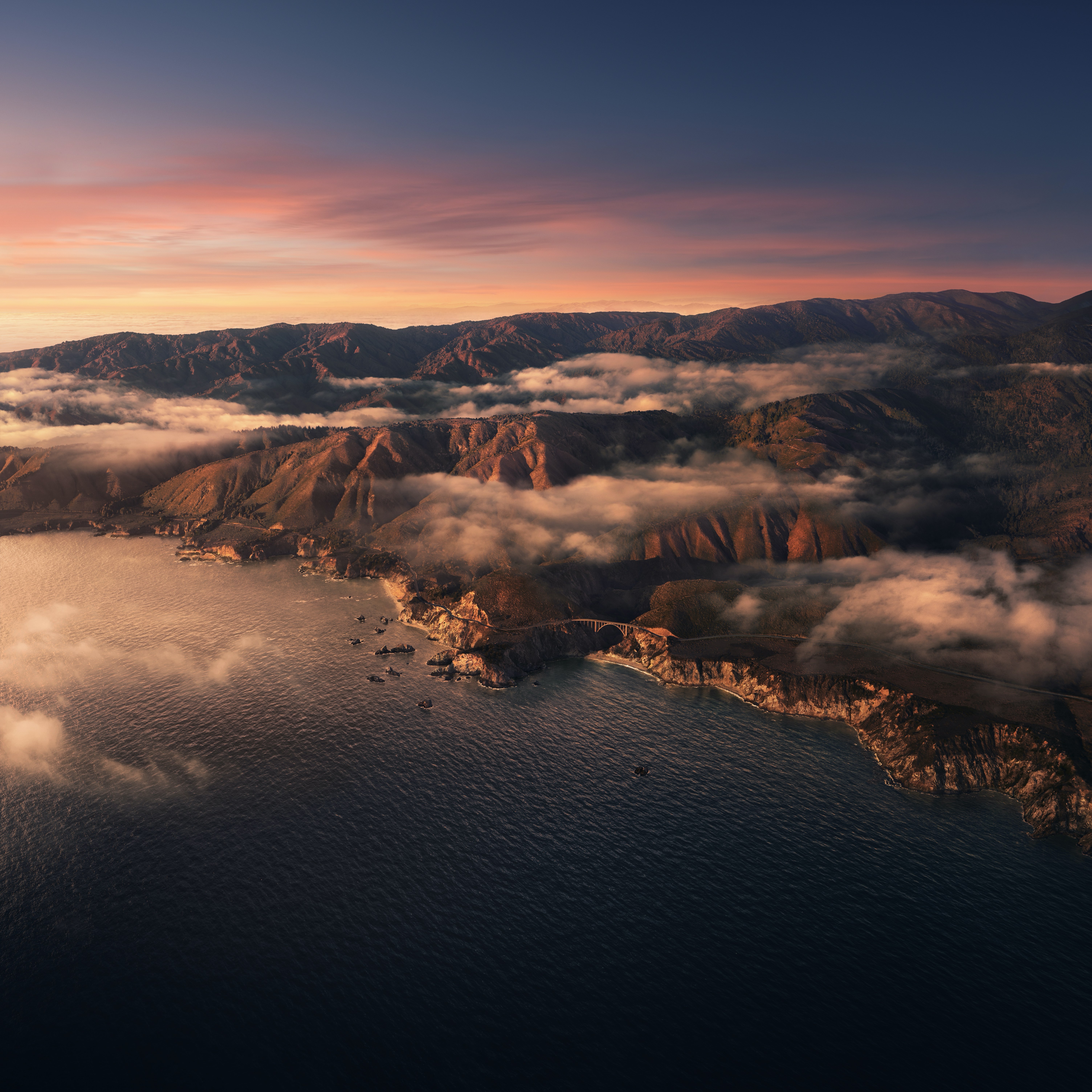 Big Sur, Pôr do sol, Montanhas, Nuvens, Anoitecer, macOS Big Sur, Stock, Califórnia, Estética, 5K