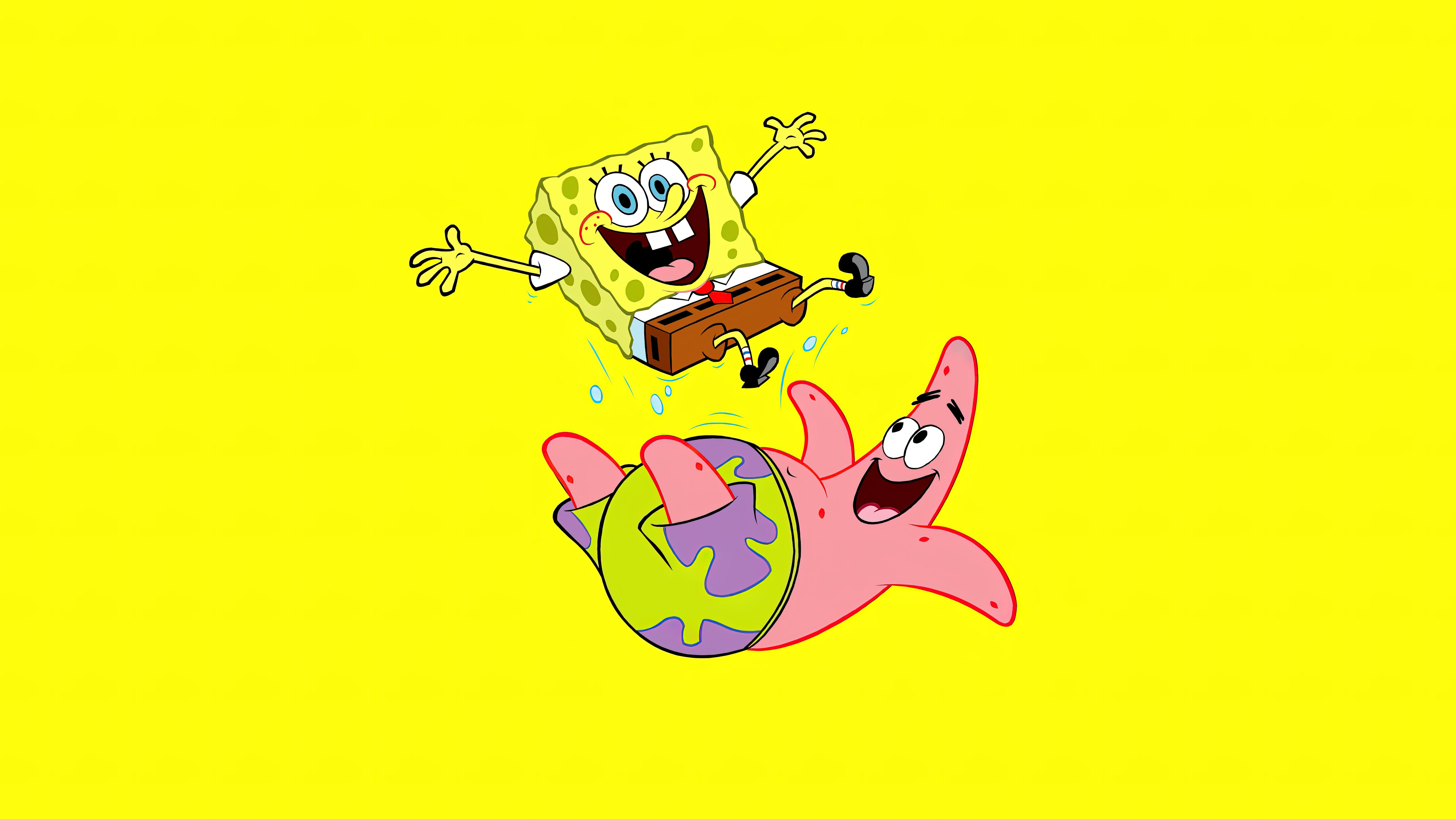Bob Esponja, Patrick Estrela, SpongeBob SquarePants, Fundo amarelo, Desenho animado, 5K