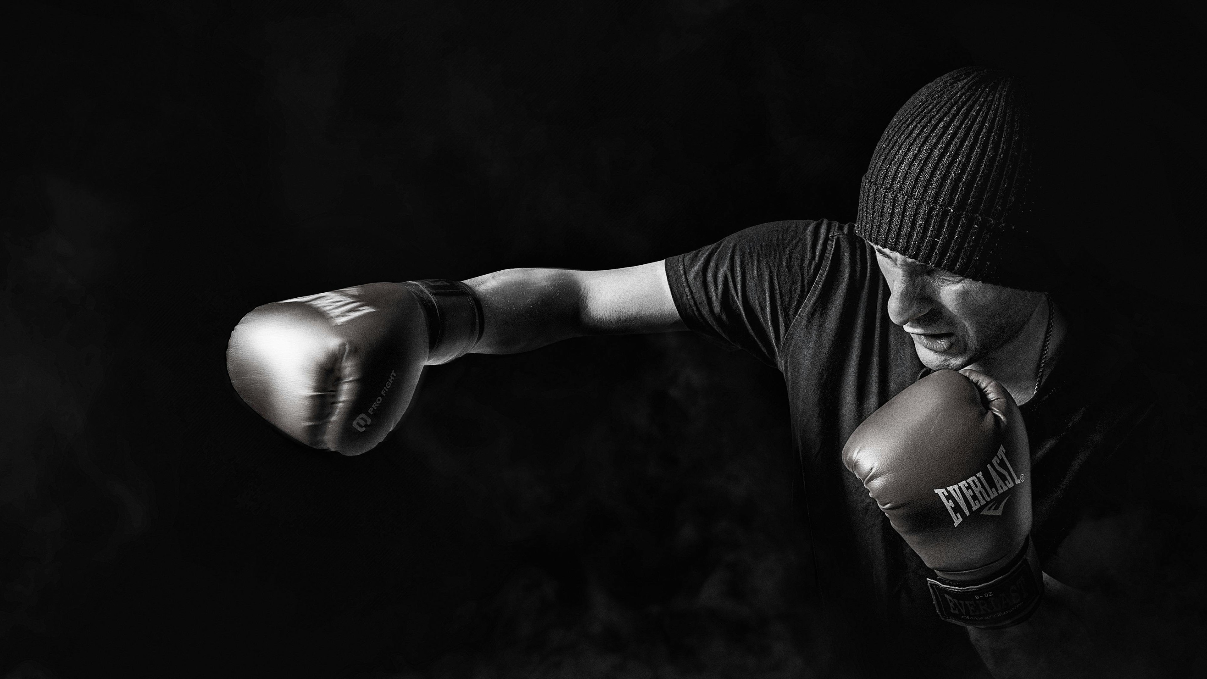 Boxe, Monocromático, Boxeador, Luvas, Fundo escuro