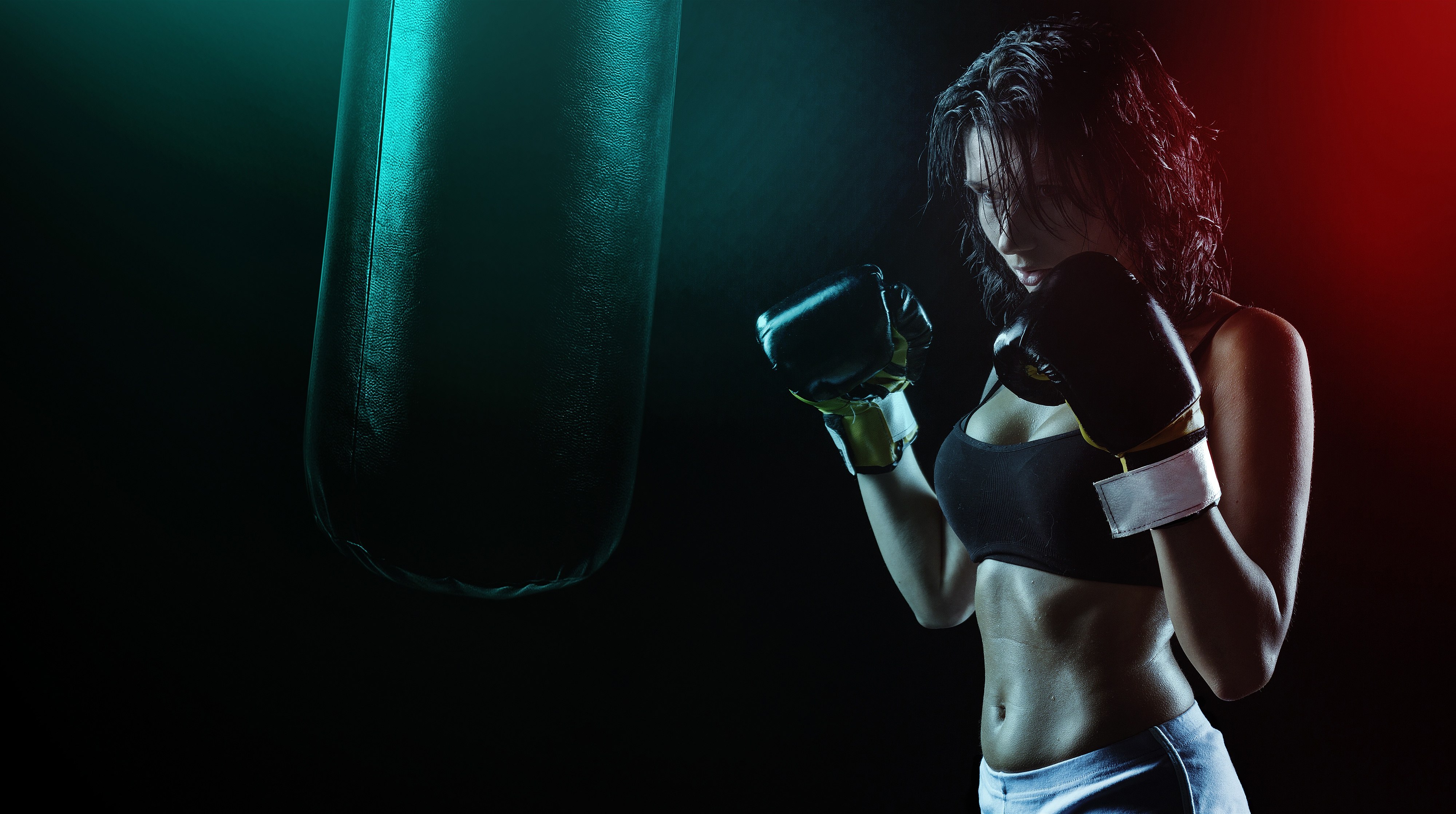 Boxe, Mulher, Boxeadora, Luvas, Fundo escuro