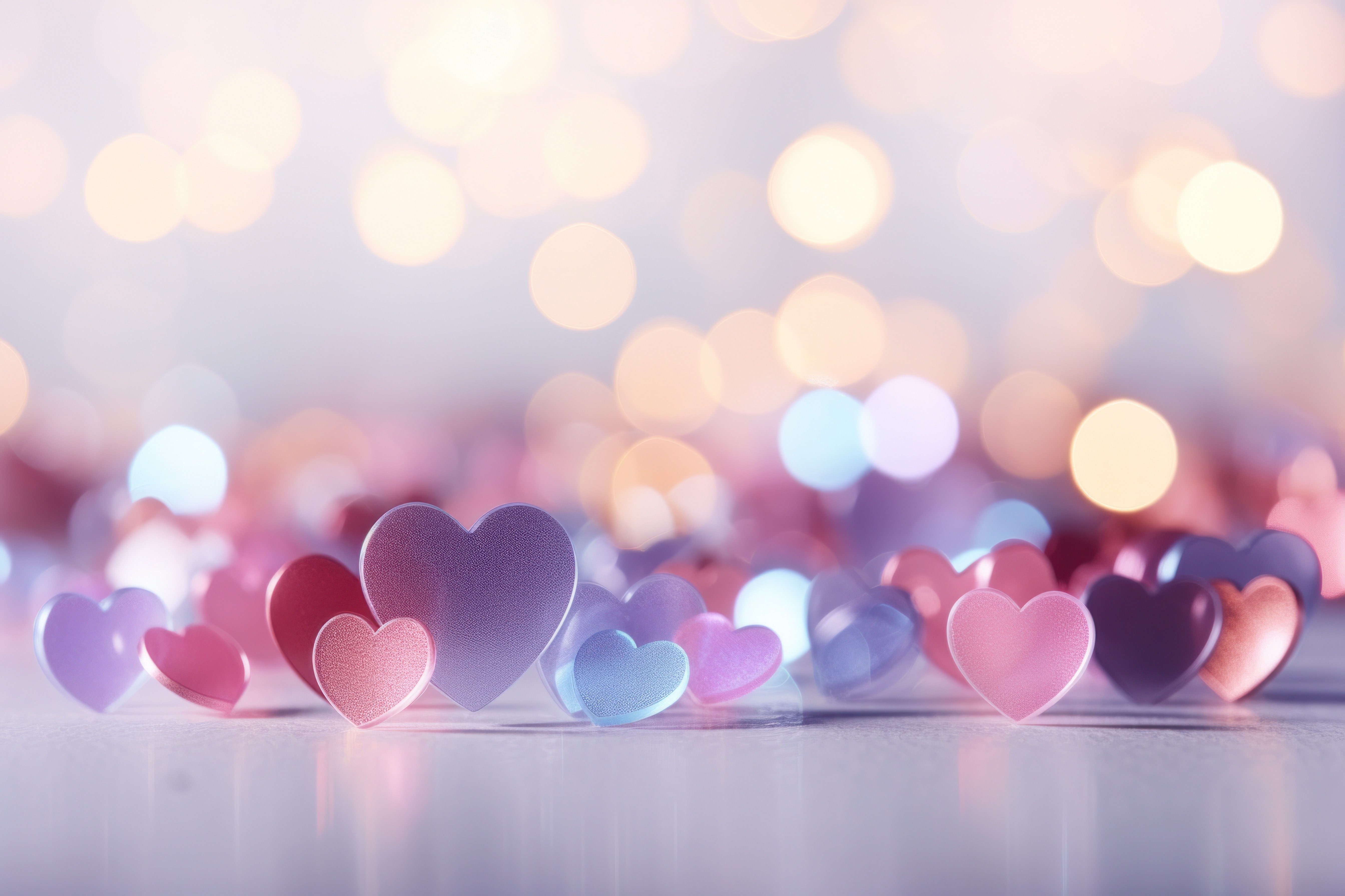 Brilhante, Corações de amor, Fundo bokeh, 5K, Pastel