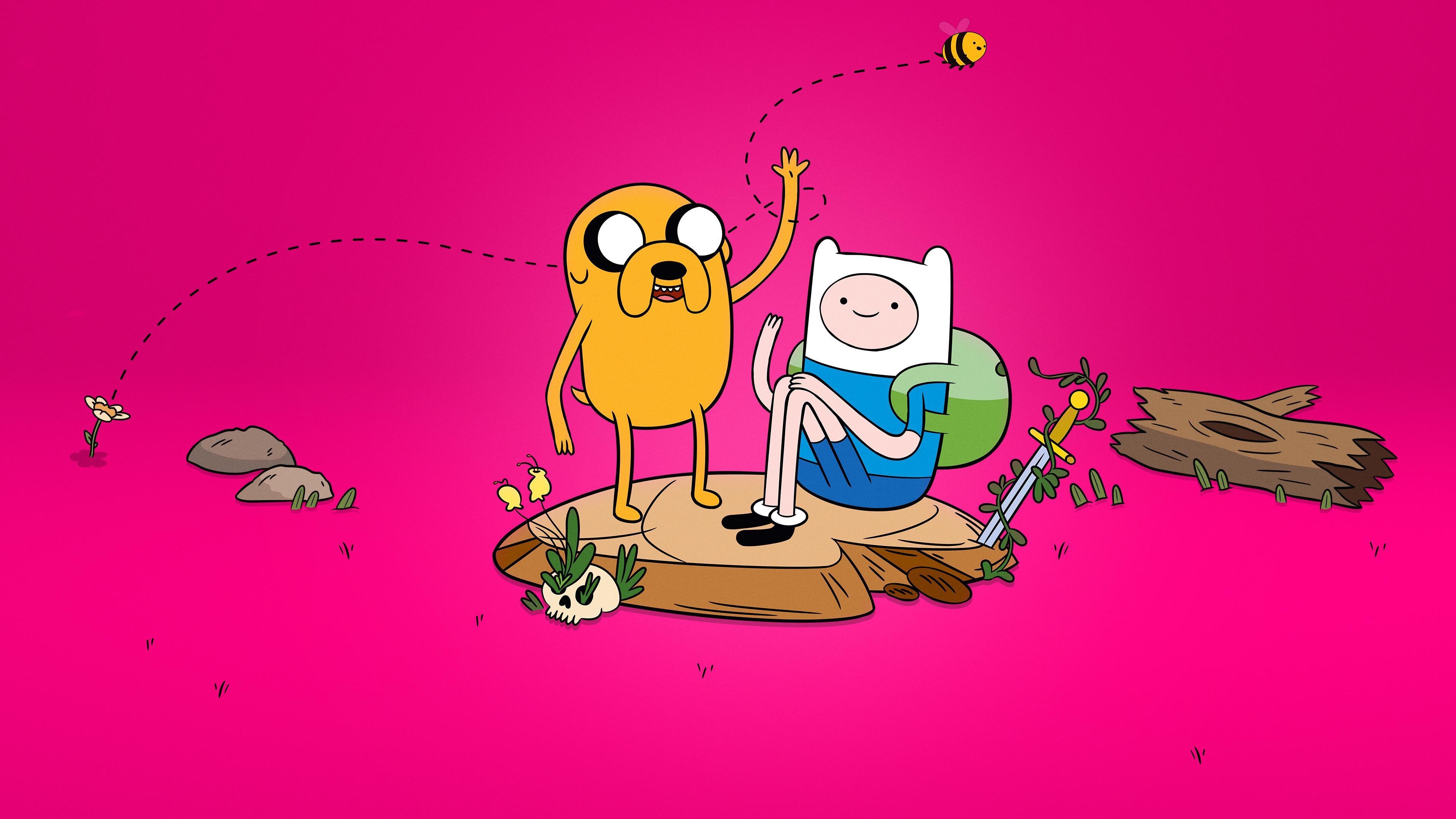 Cartoon Network, Adventure Time, Jake, Finn, Fundo rosa