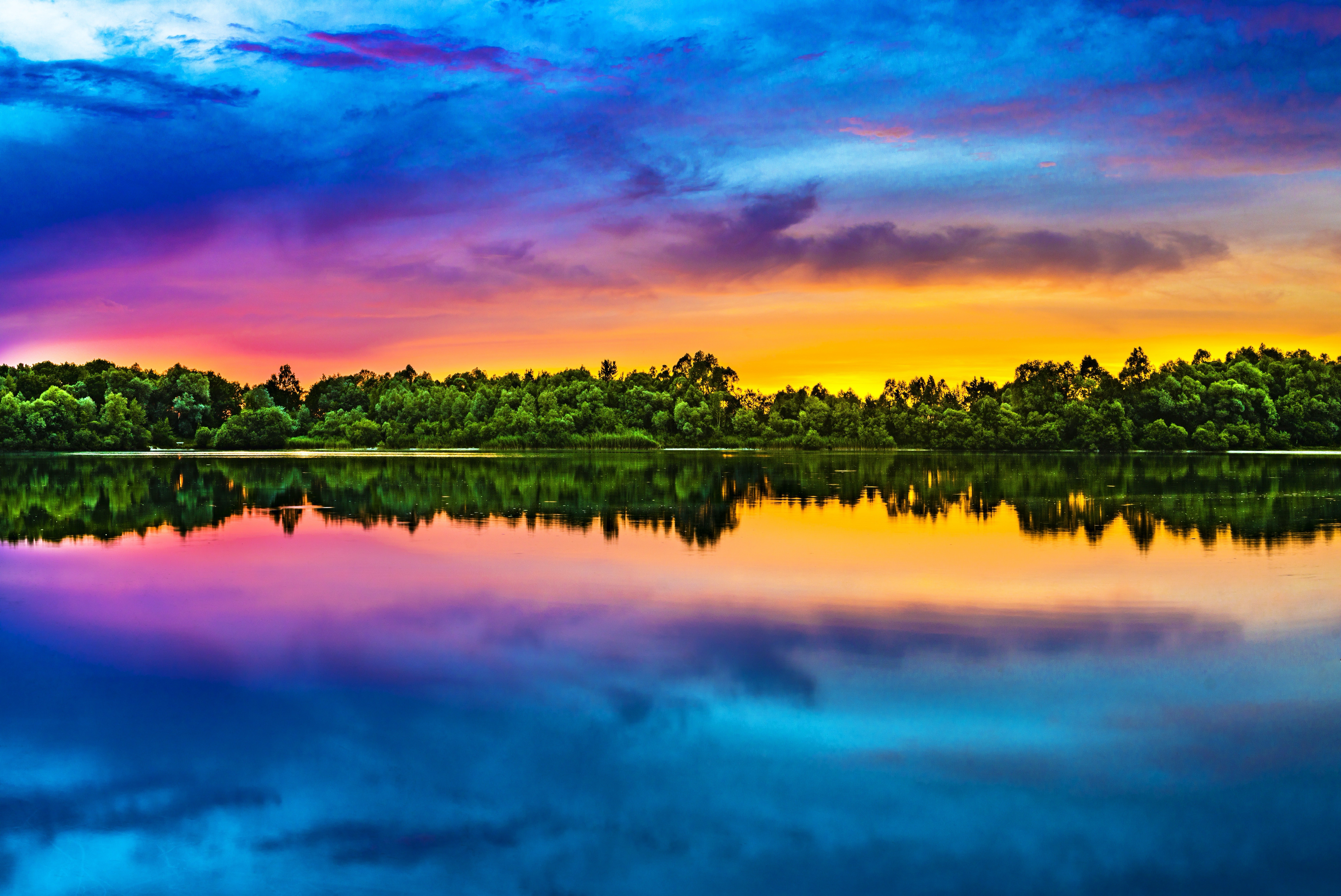 Céu do entardecer, Multicolorido, Colorido, Reflexo no lago, Pôr do sol, Água, Brilhante, Paisagem, 5K, 8K