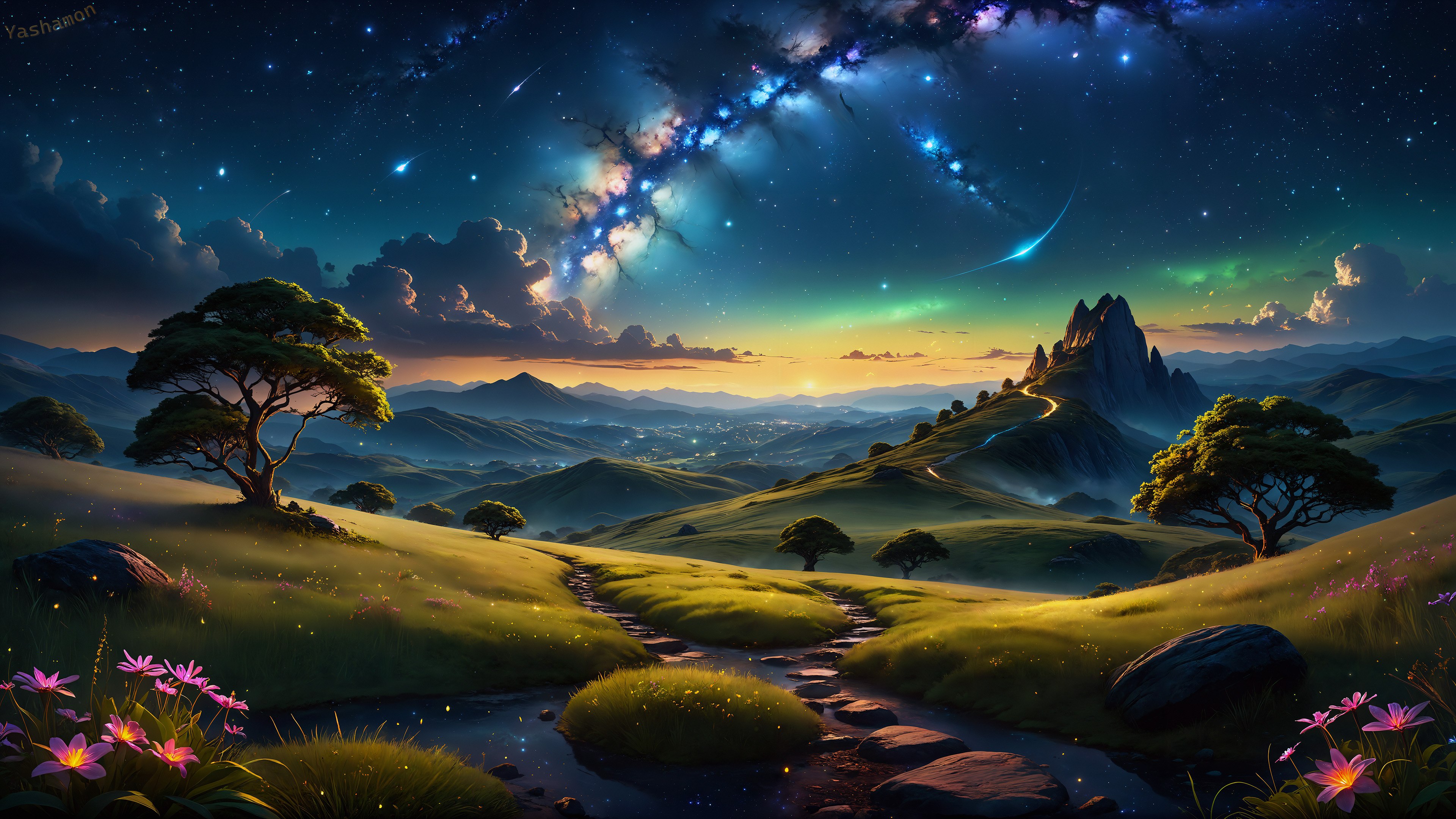 Céu estrelado, Paisagem, Onírico, Surreal, Arte de IA, Alvorada