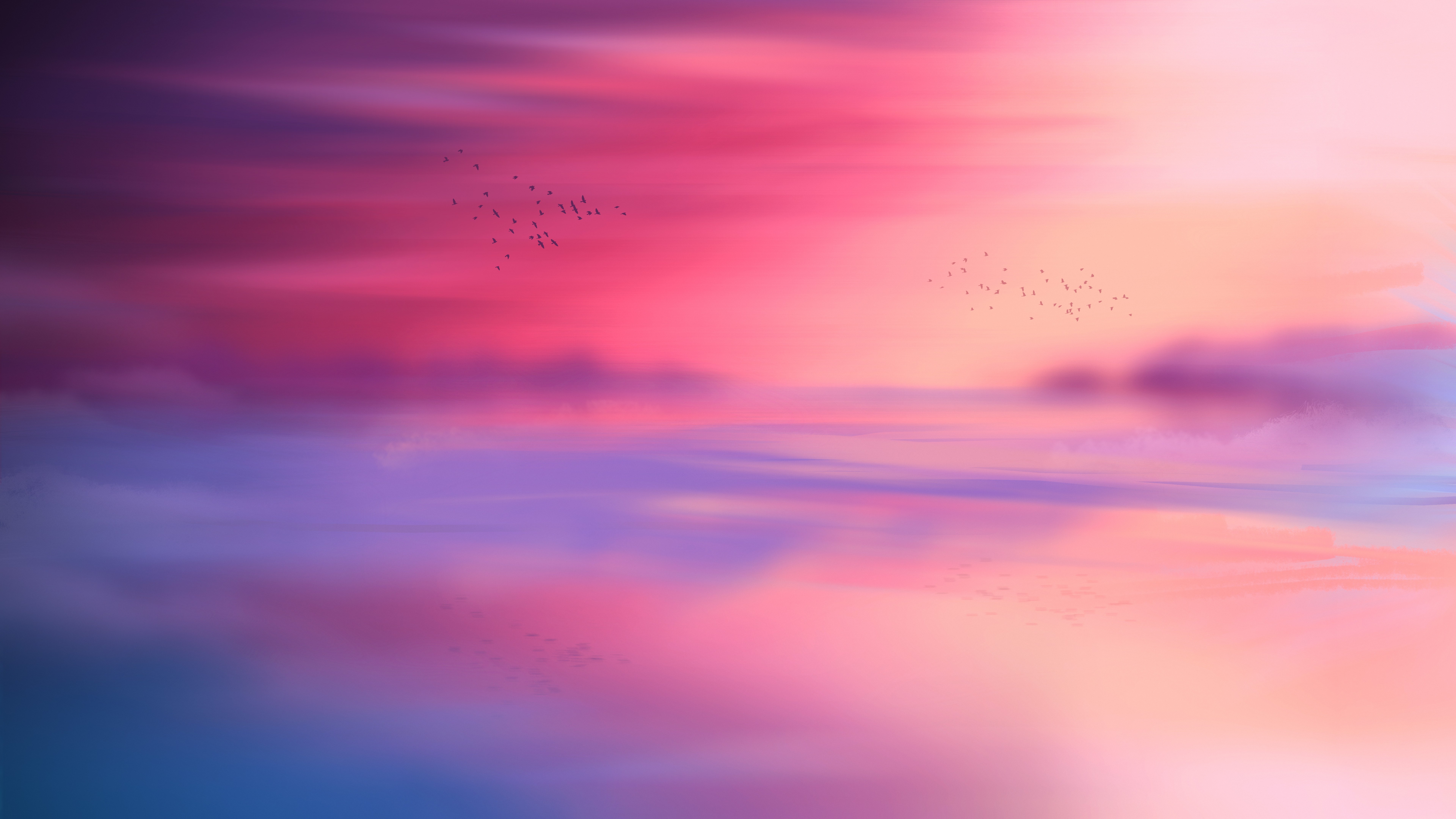 Céu rosa, Horizonte, Cênico, Pássaros voando, Paisagem marinha, Pôr do sol, Estética, 5K, 8K