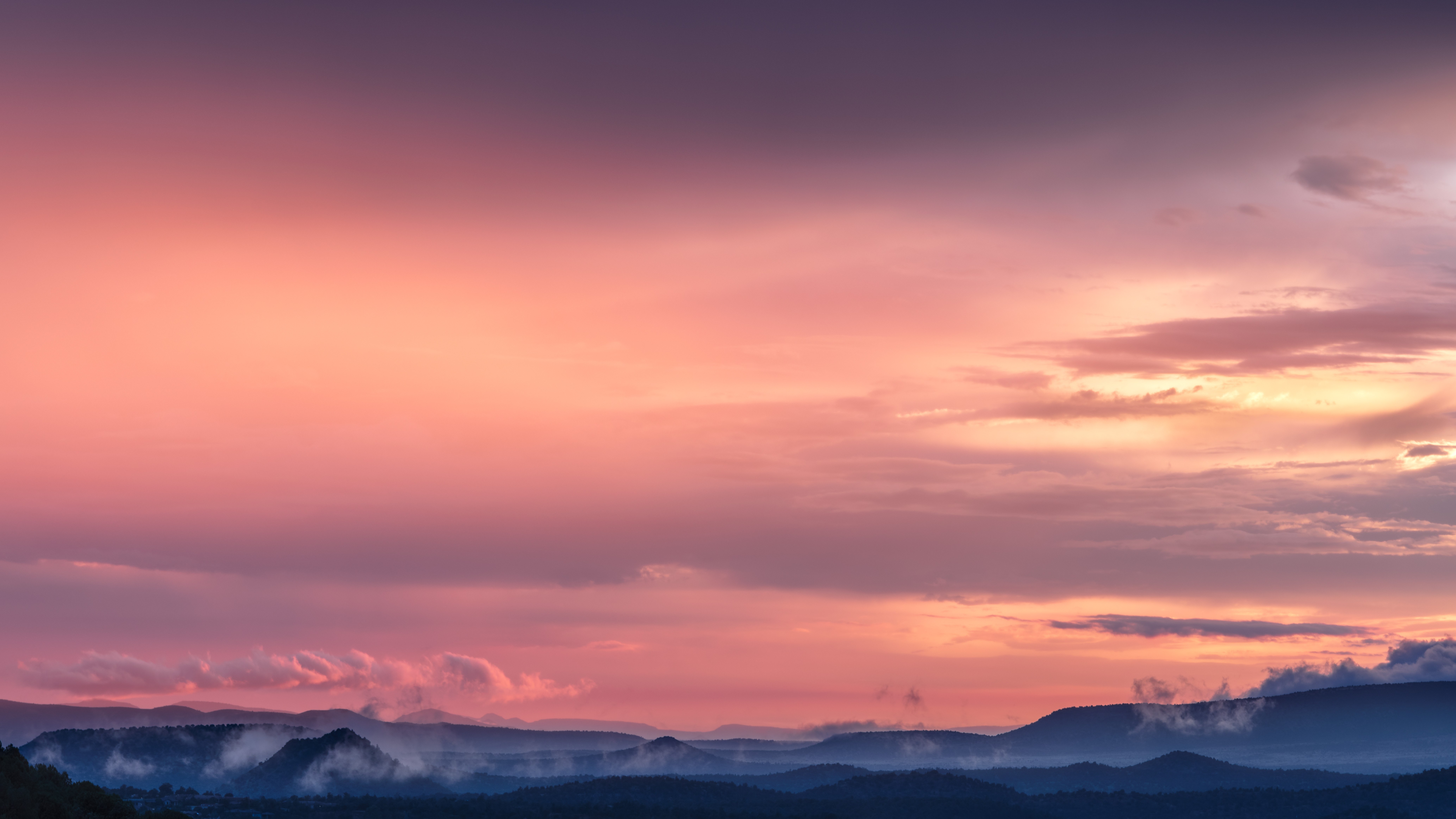 Céu rosa, Pôr do sol, Montanhas, Paisagem, Neblina, Nuvens, Crepúsculo, Vista do céu, 5K, 8K