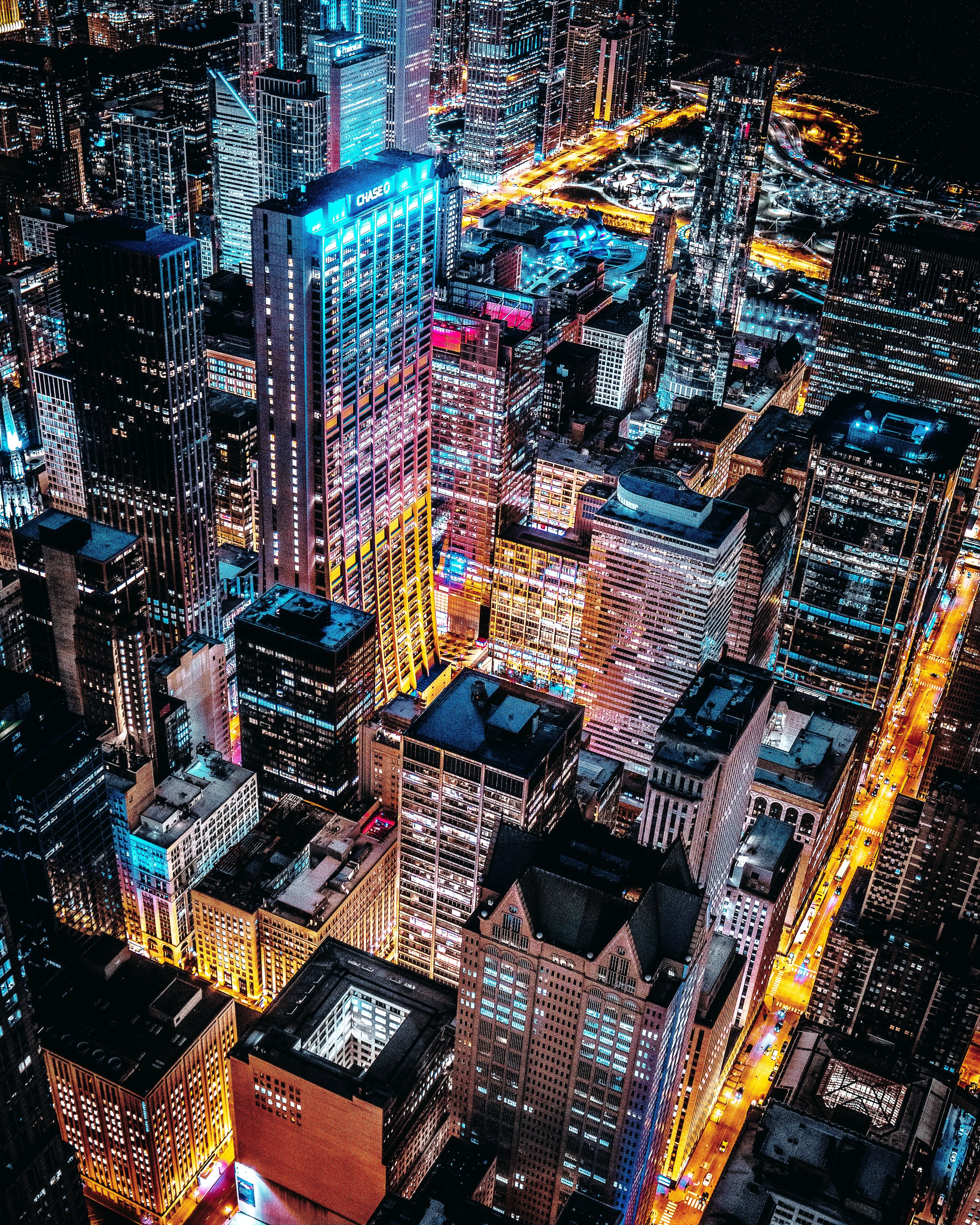 Chicago, Horizonte urbano, Arranha-céus, Paisagem urbana, Noite, Luzes da cidade, Vista aérea, Willis Tower, Illinois, EUA
