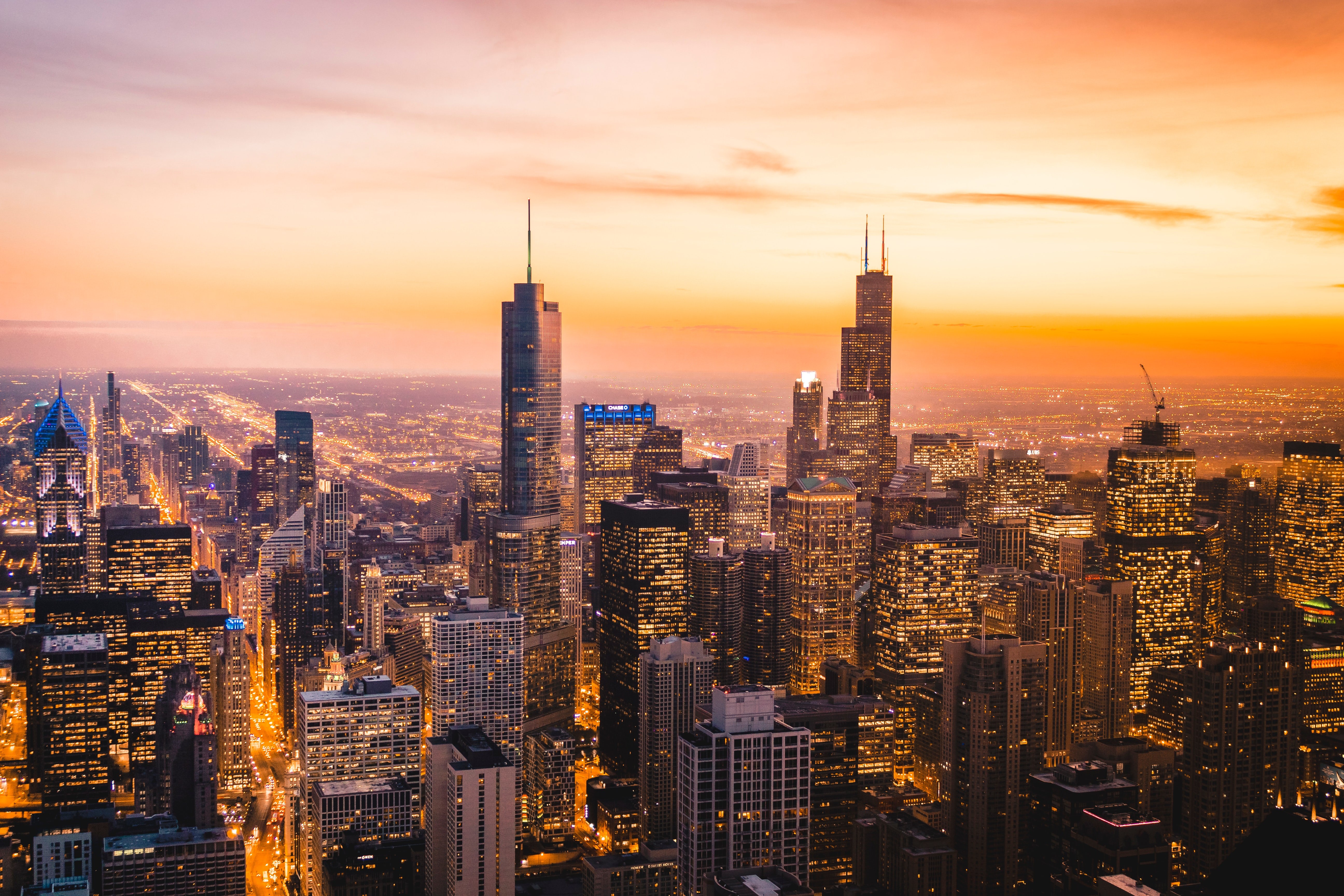 Chicago, Paisagem urbana, Horizonte urbano, Arranha-céus, Amanhecer, Pôr do sol, Luzes da cidade, Illinois, EUA, 5K