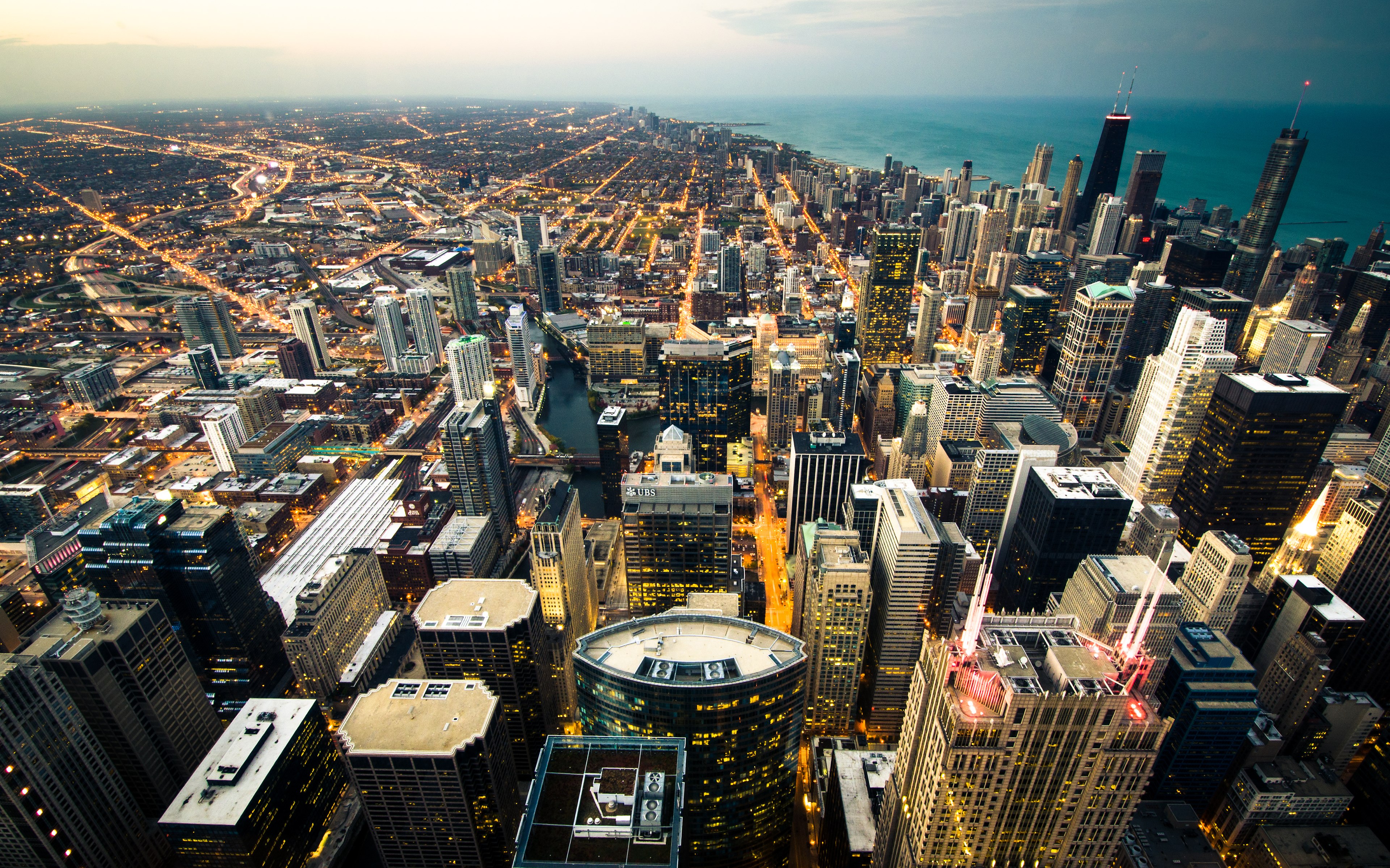 Chicago, Vista aérea, Paisagem urbana, Luzes da cidade, Crepúsculo, Arranha-céus, Horizonte urbano, Horizonte, Paisagem