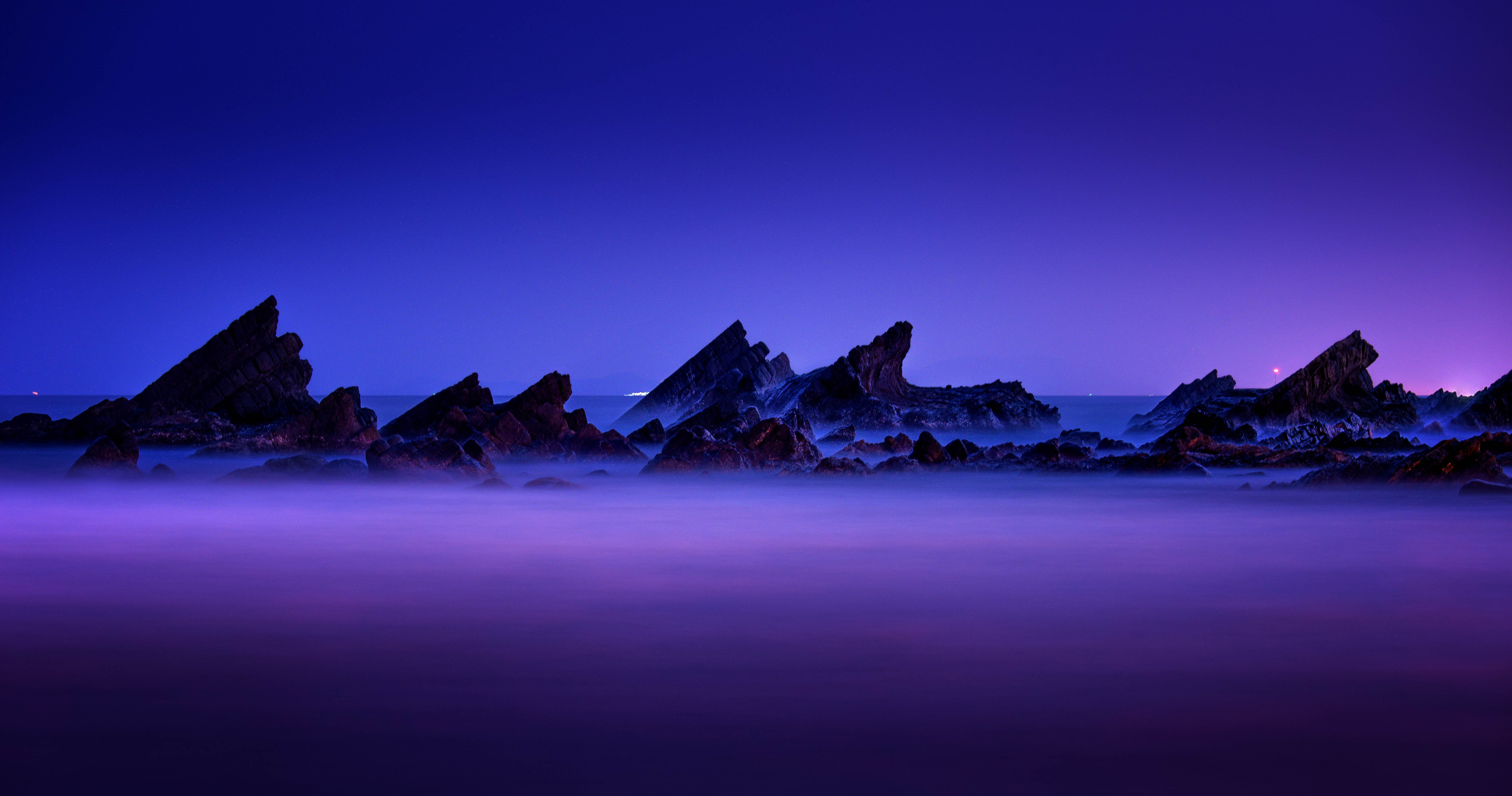 Costa rochosa, Estética, Paisagem marinha, Céu roxo, Paisagem, Anoitecer, Longa exposição, Cênico, 5K, 8K