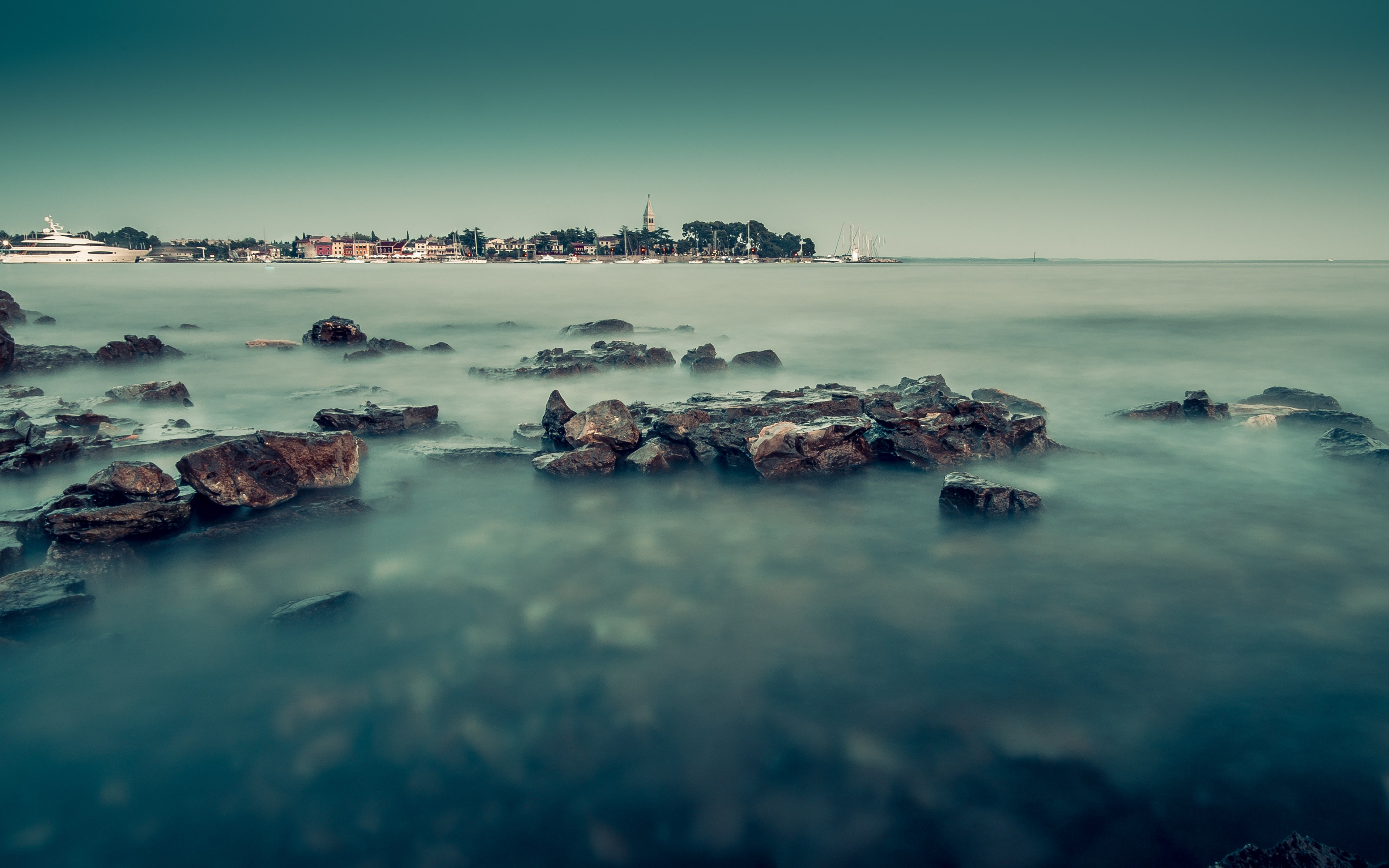 Costa rochosa, Longa exposição, Paisagem marinha, Oceano, Céu azul, Paisagem