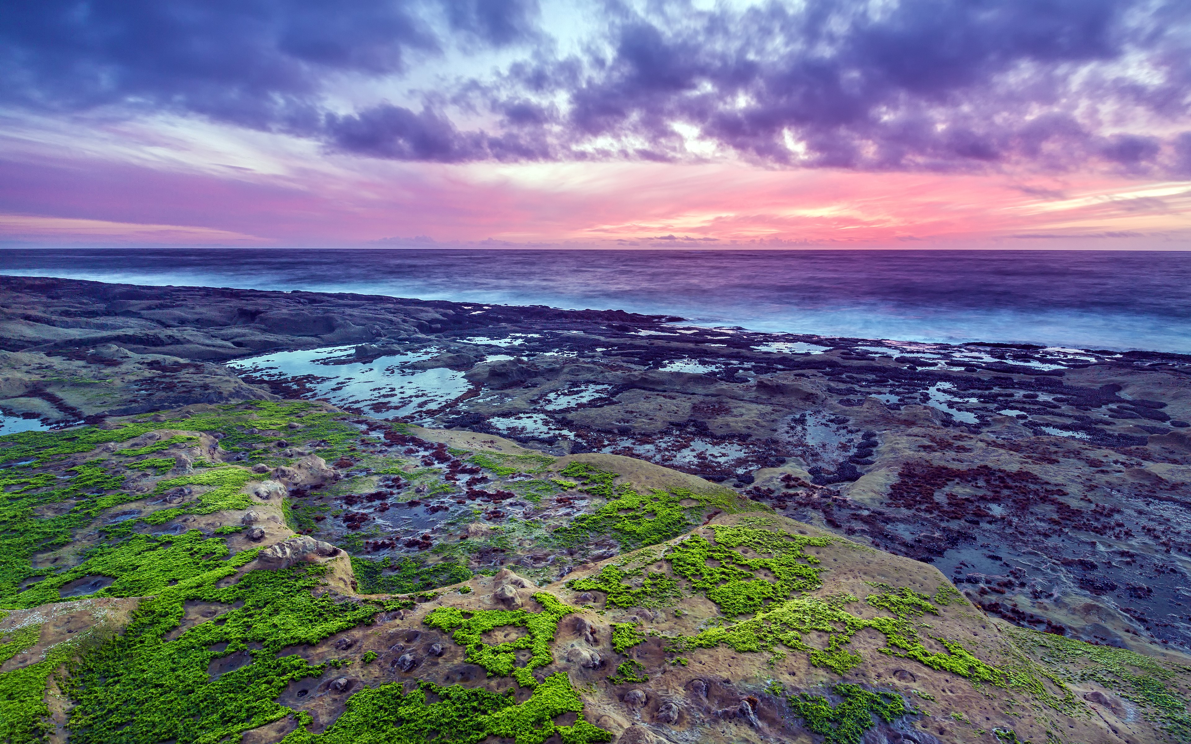 Costa rochosa, Paisagem marinha, Musgo verde, Pôr do sol, Céu roxo, Horizonte, Oceano, Nublado, Paisagem