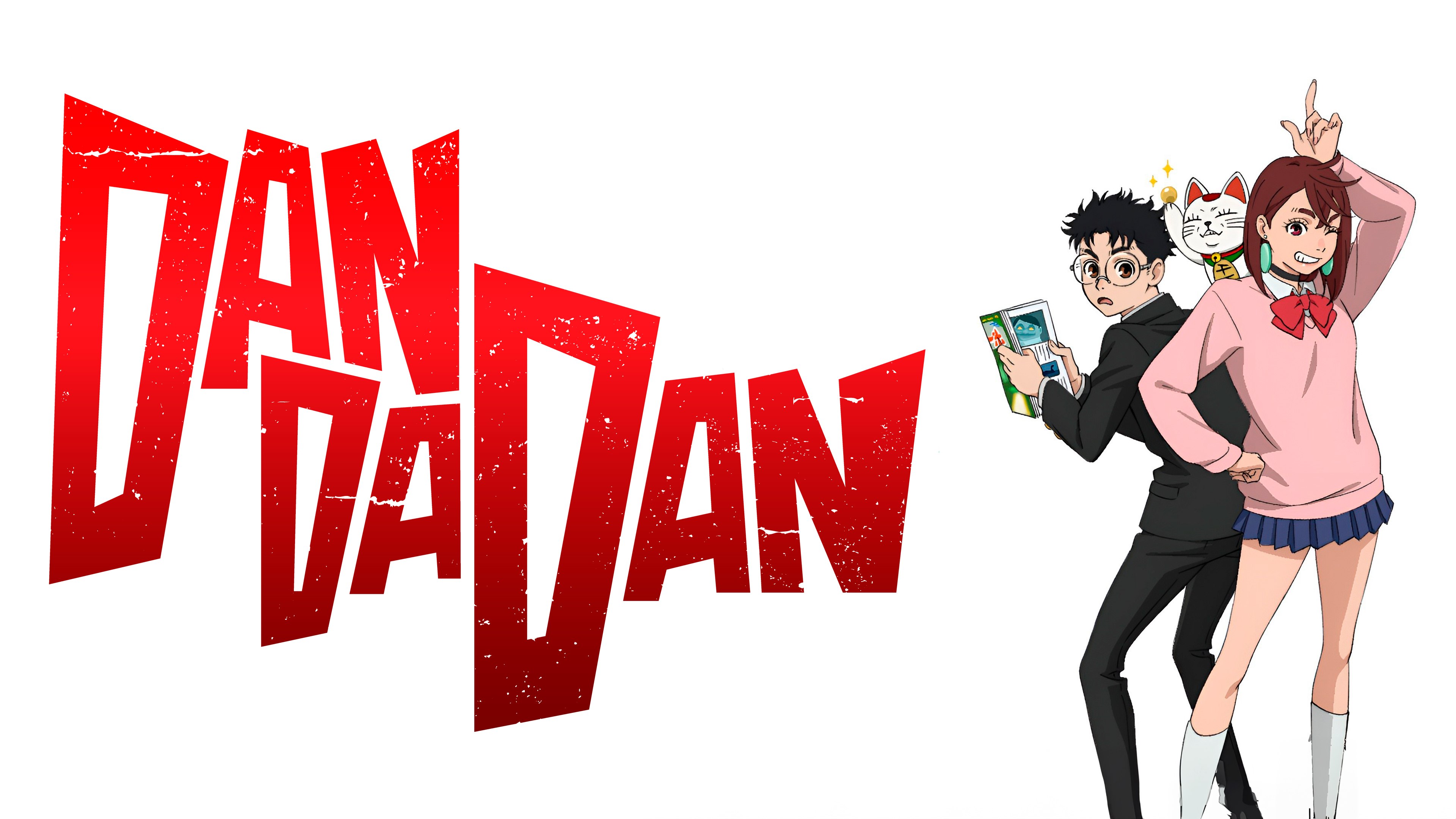 Dandadan, Fundo branco, Casal de anime, Momo (Dandadan), Okarun (Dandadan), Série da Netflix