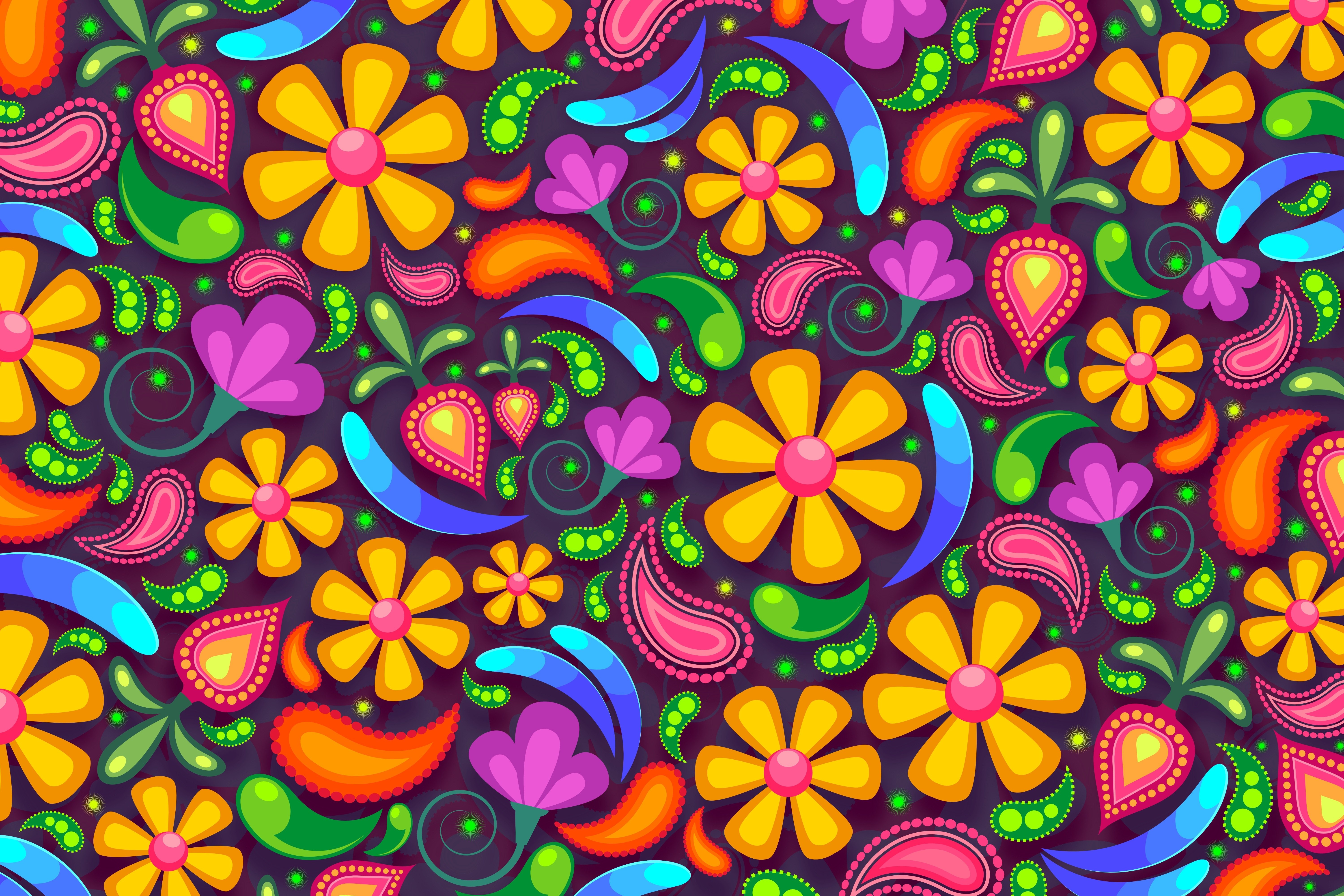 Designs florais, Fundos femininos, Arte digital, Padrão paisley, Colorido, Ilustração, Multicolorido, 5K