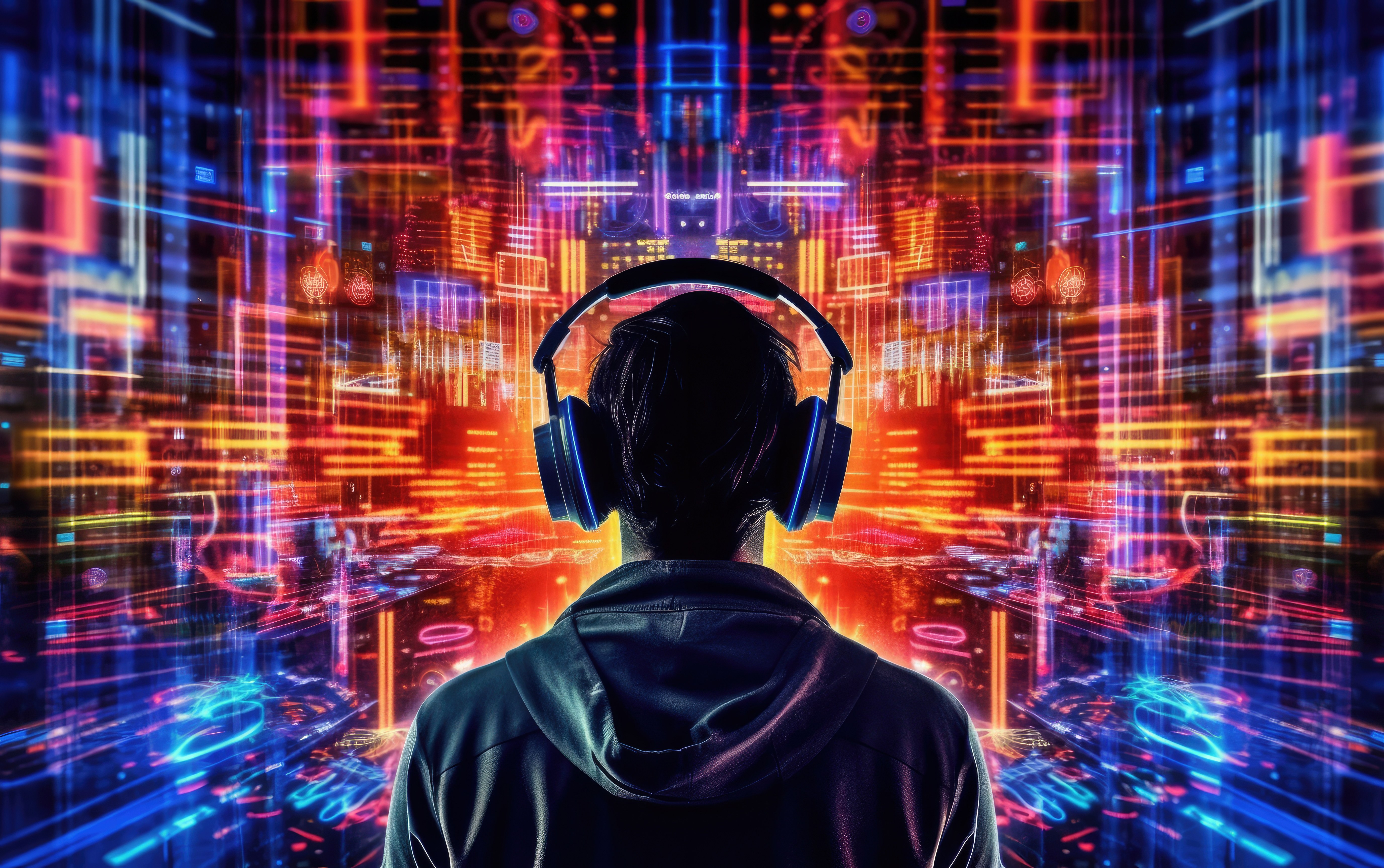 DJ, Surreal, Homem, Arte digital, Arte de IA, Vibrante, 5K