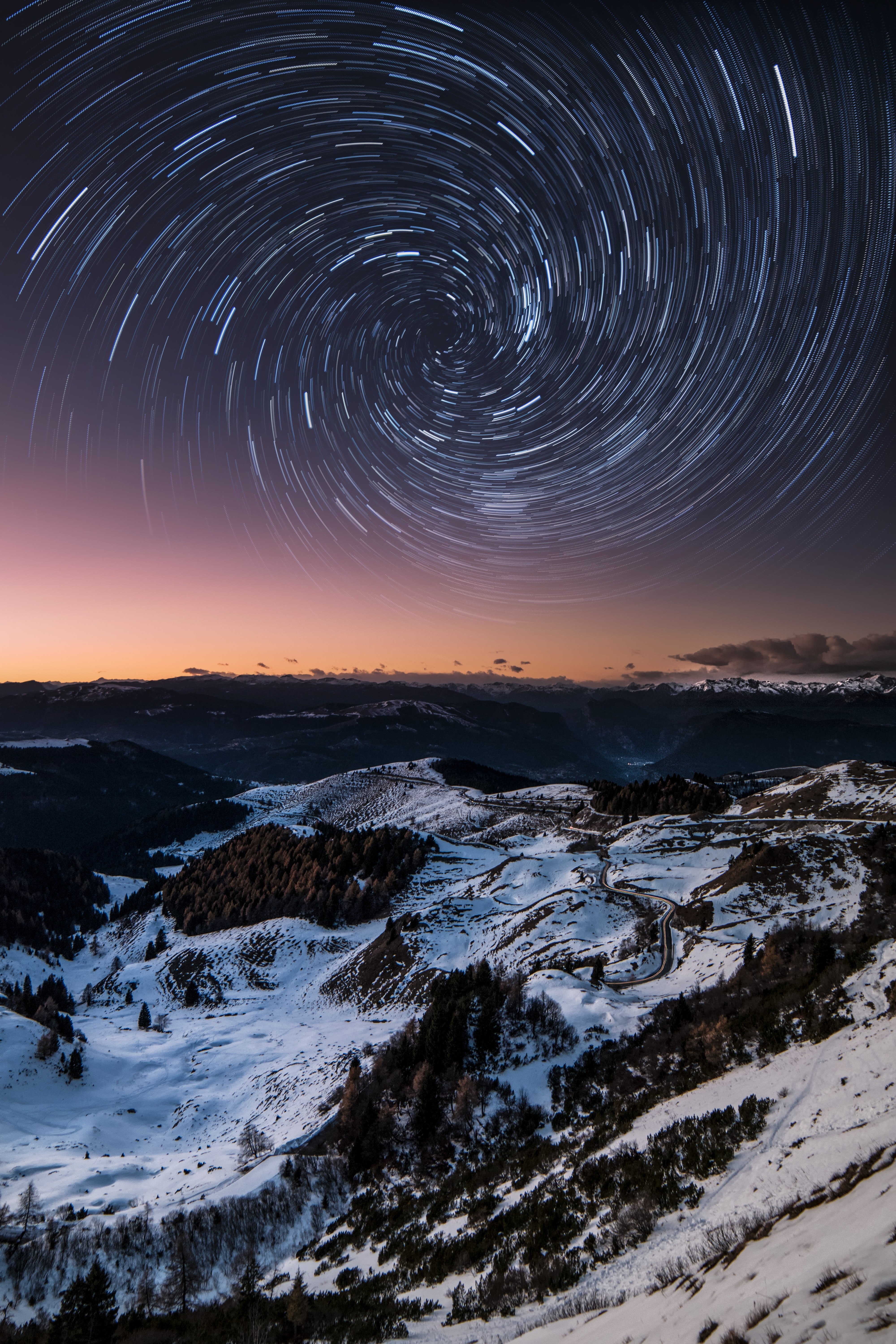 Dolomitas, Itália, Cordilheira, Cobertas de neve, Montanhas, Espaço sideral, Galáxia, Astronomia, Rastros de estrelas, 5K