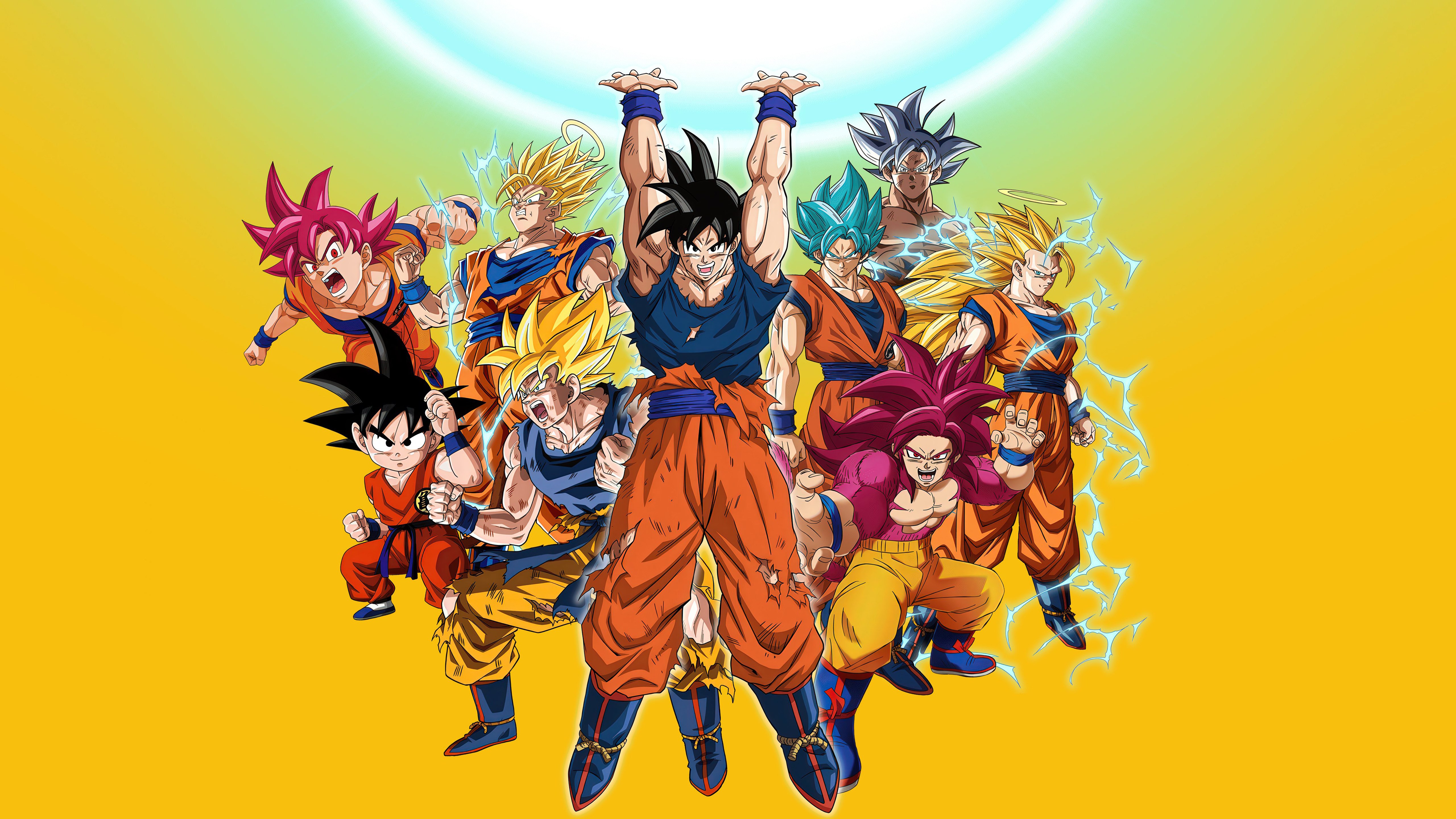 Dragon Ball Super, Edição de aniversário, Goku Super Saiyajin, Super Saiyajin Deus, Super Saiyajin Blue, Goku Instinto Superior, Fusão Super Saiyajin 4, 5K, Son Goku, Fundo amarelo