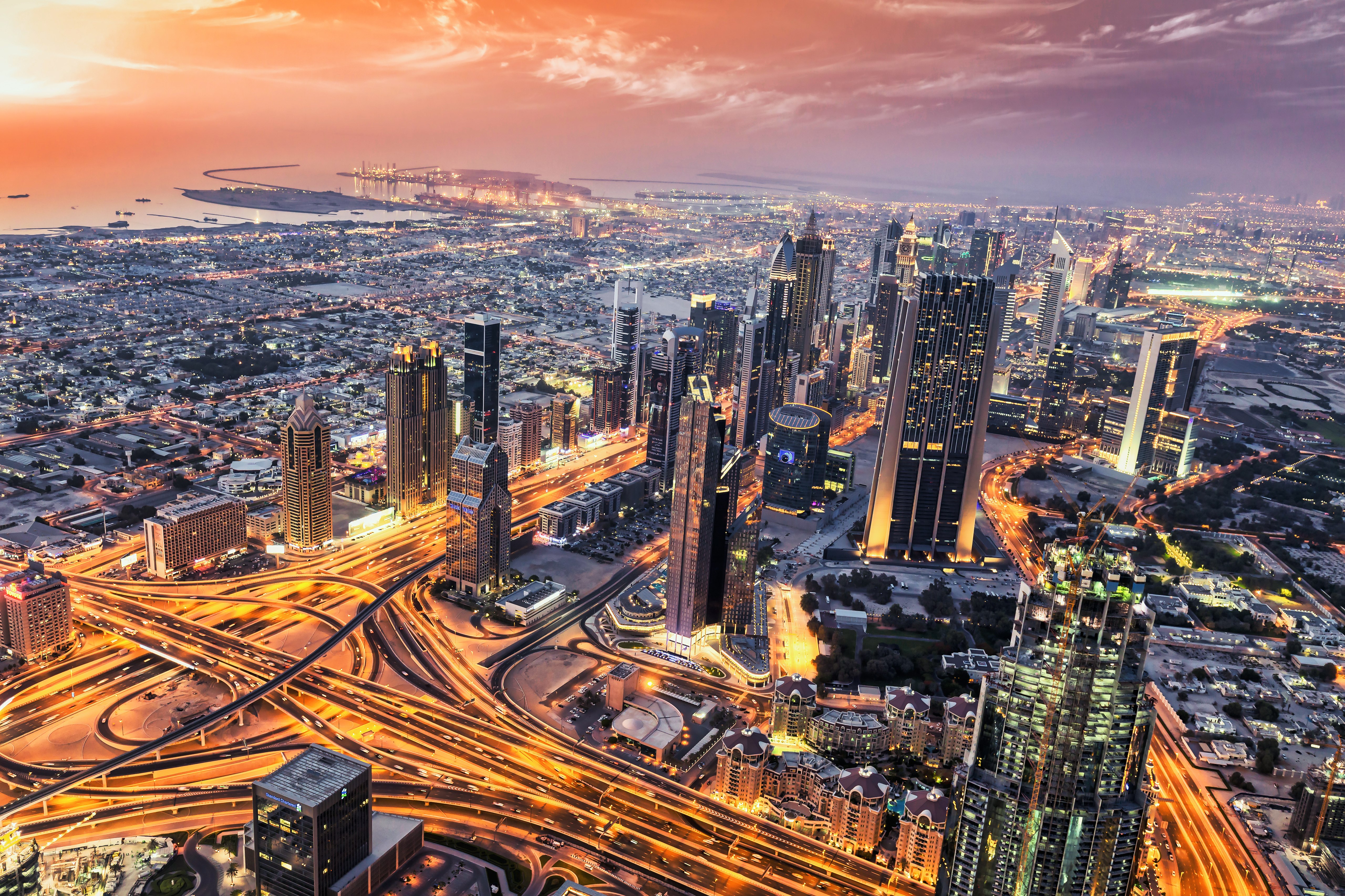 Dubai, Vista aérea, Paisagem urbana, Horizonte, Sheikh Zayed Road, Longa exposição, 5K