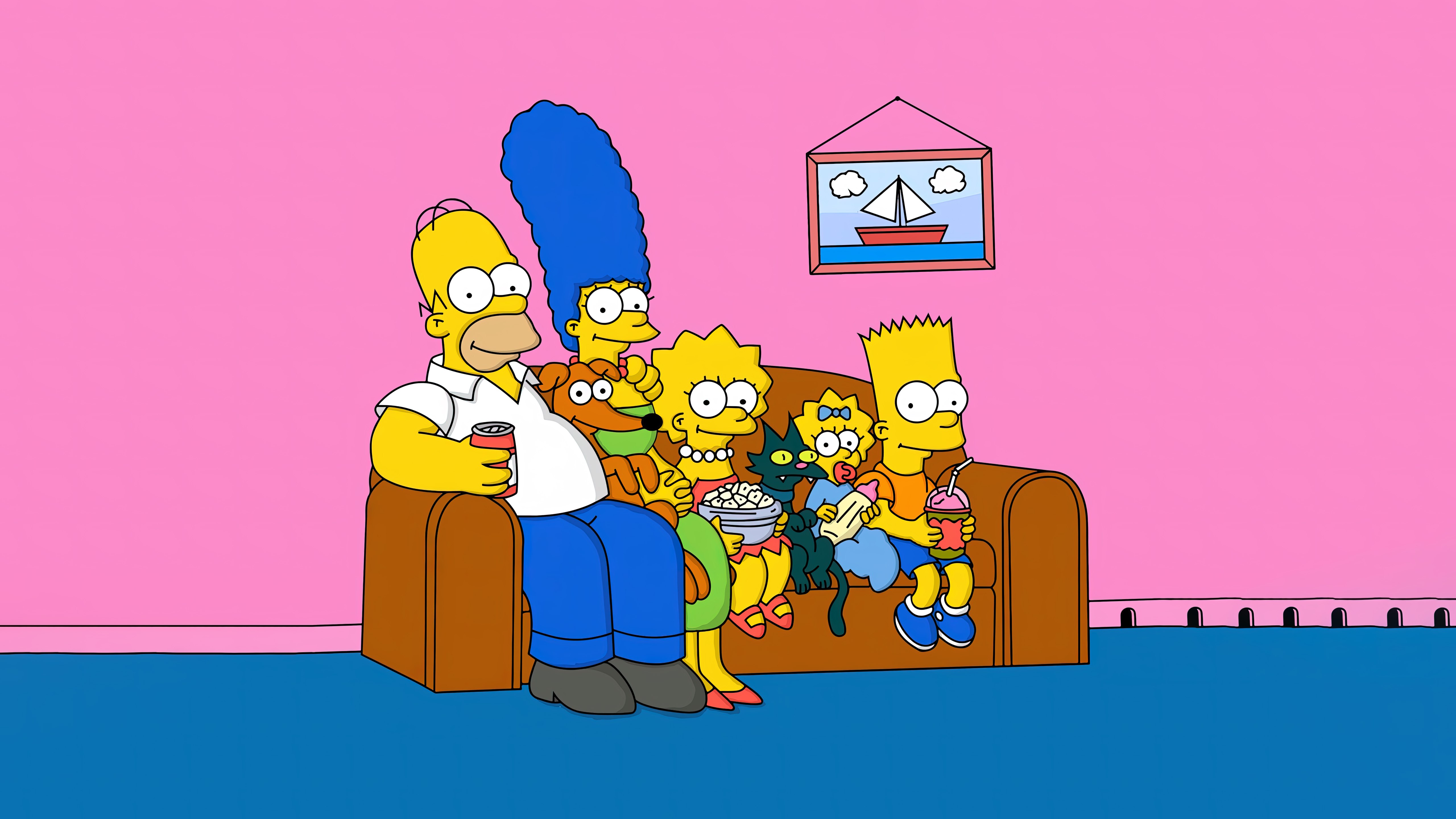 Família Simpson, 5K, Os Simpsons, Homer Simpson, Marge Simpson, Bart Simpson, Lisa Simpson, Maggie Simpson, Gata Bola de Neve, Ajudante do Papai Noel, Fundo rosa