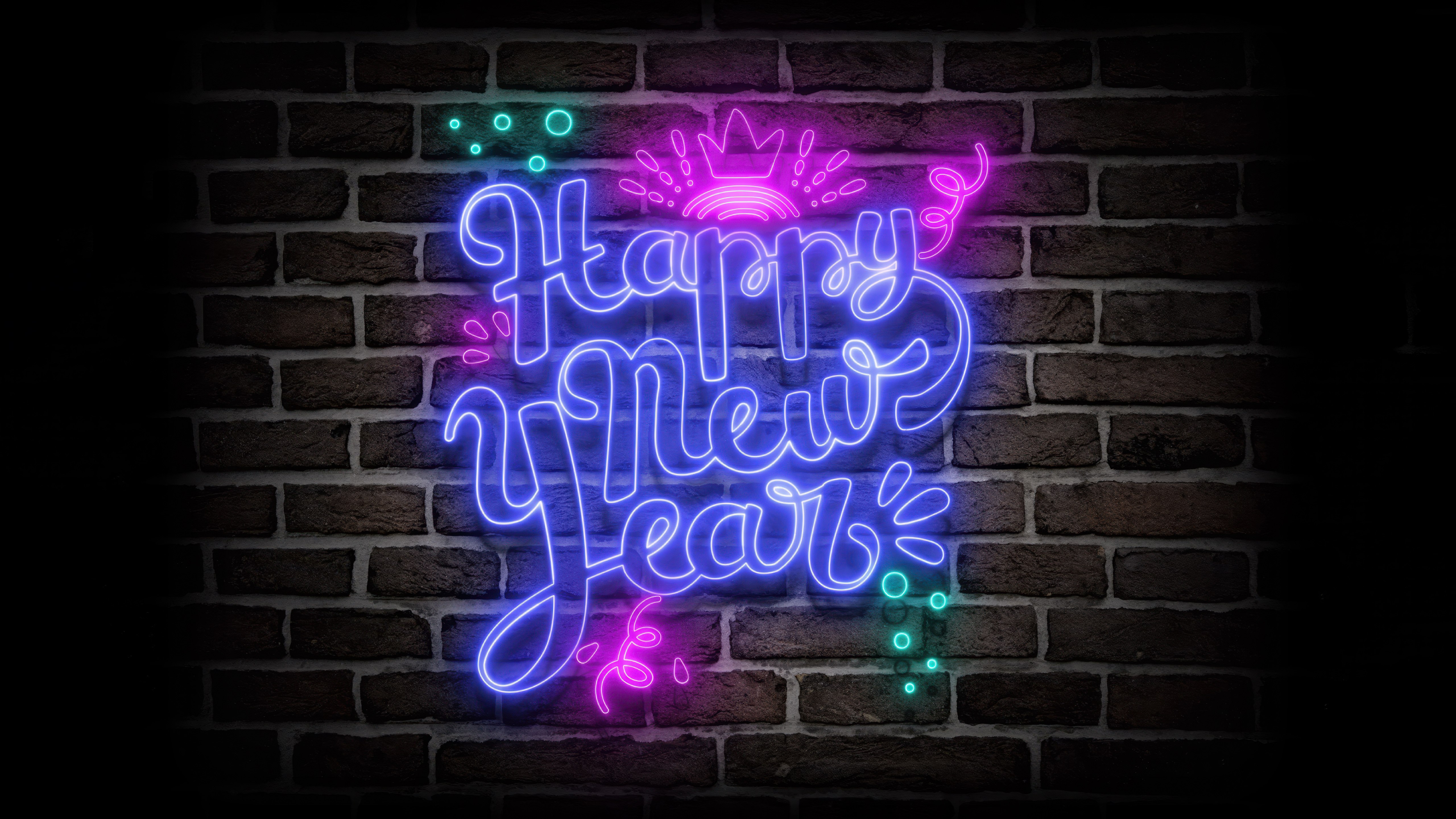 Feliz Ano Novo, Letreiro de neon, Parede de tijolos, 5K, Fundo escuro, Estética escura