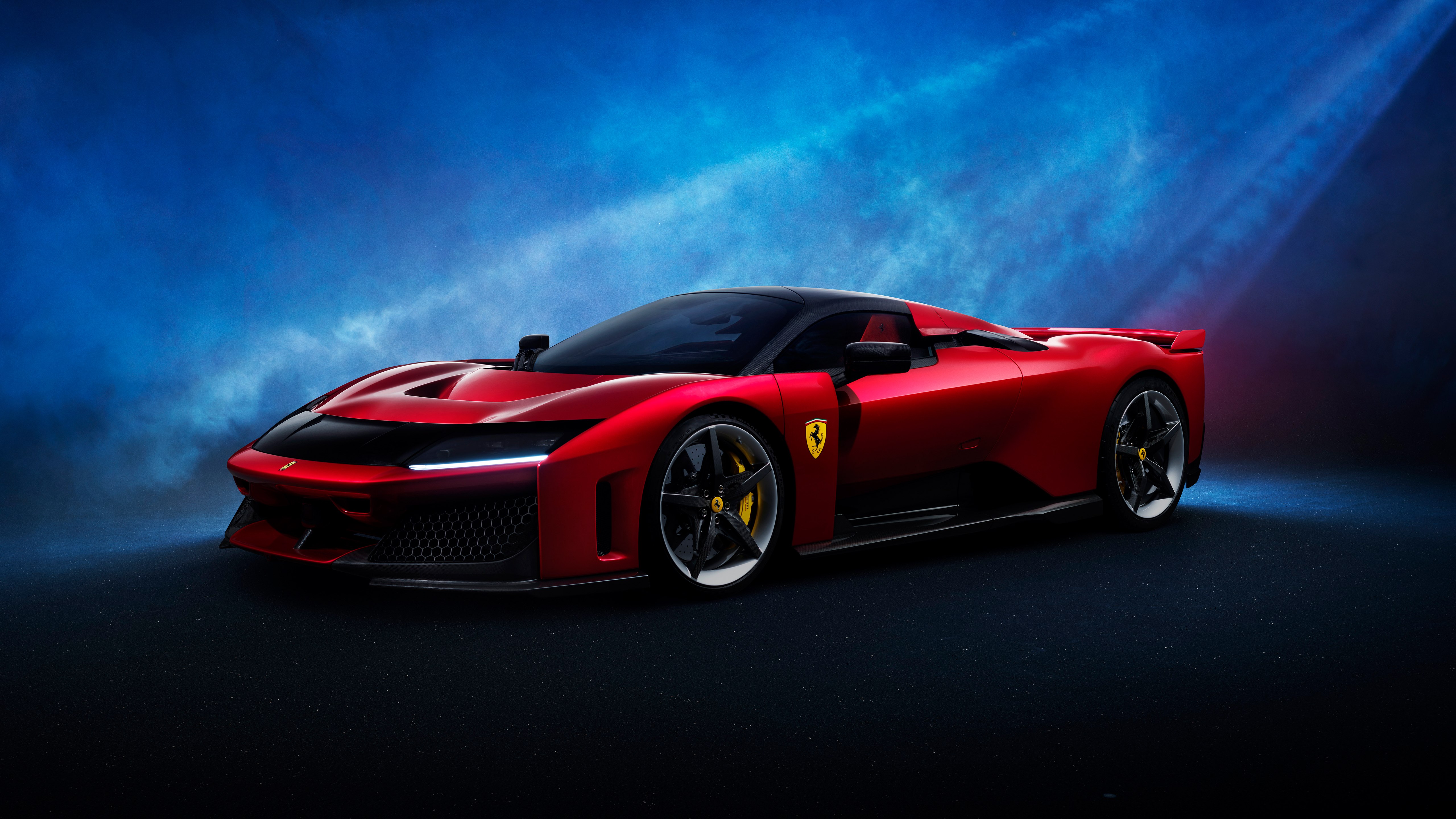 Ferrari F80, Supercarro, 2025, Carros vermelhos, 5K, Fundo azul