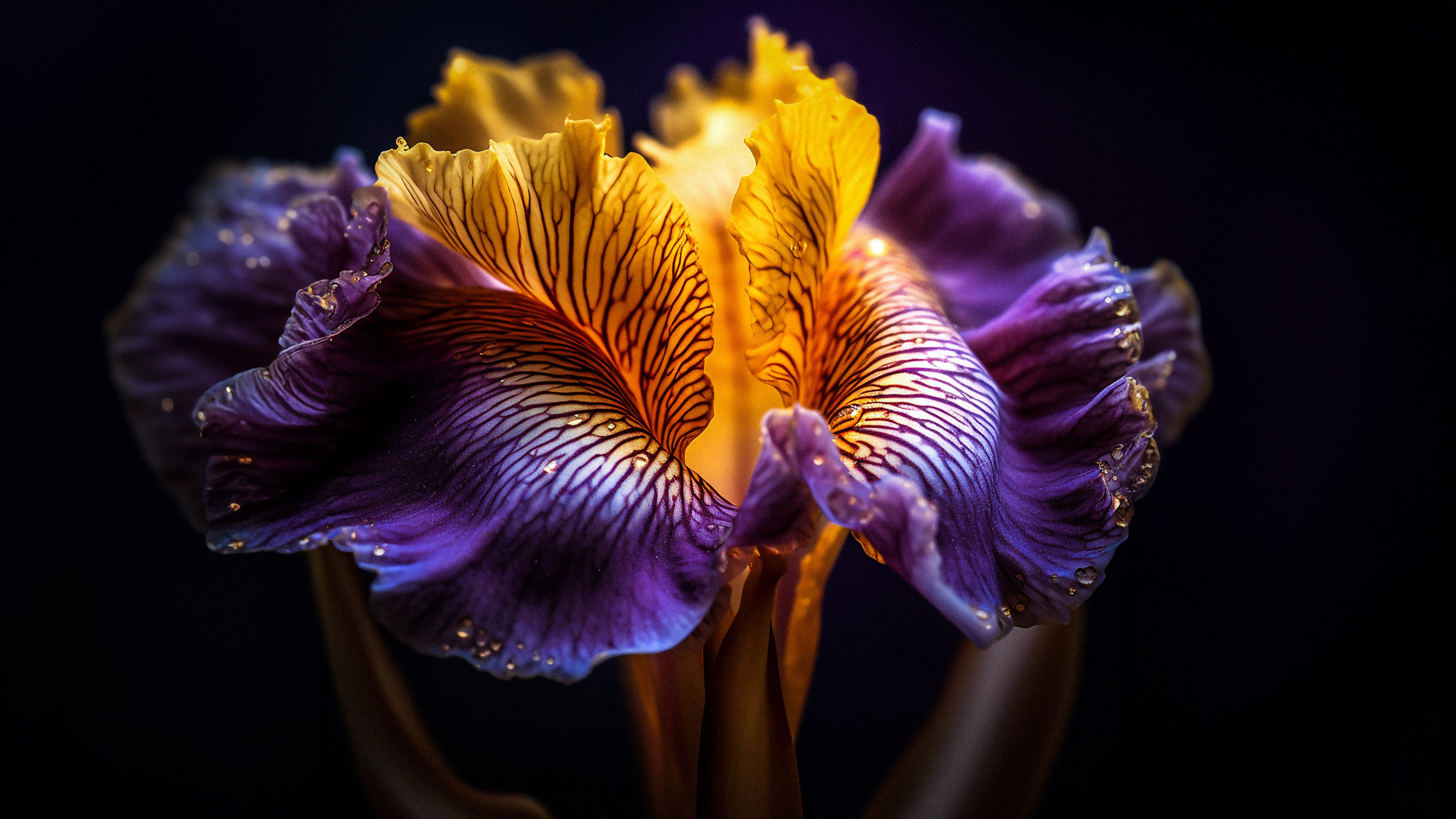 Flor roxa, Estética escura, Fundo escuro, Fotografia em close-up, Macro, Gotas de orvalho