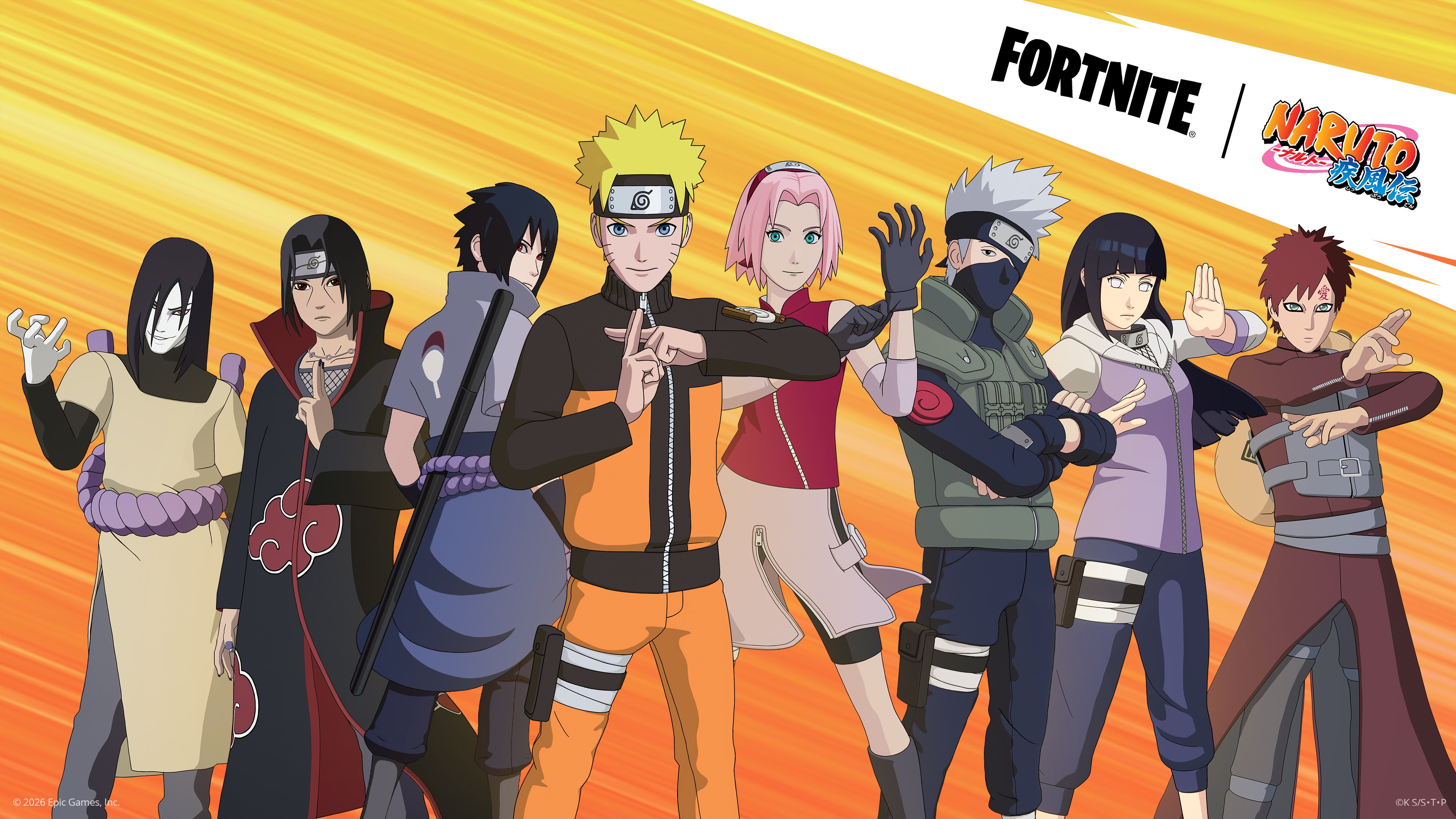 Fortnite, Naruto, Naruto Uzumaki, Sasuke Uchiha, Sakura Haruno, Kakashi Hatake, Itachi Uchiha, Hinata Hyuga, Gaara, Orochimaru, Pôster do jogo