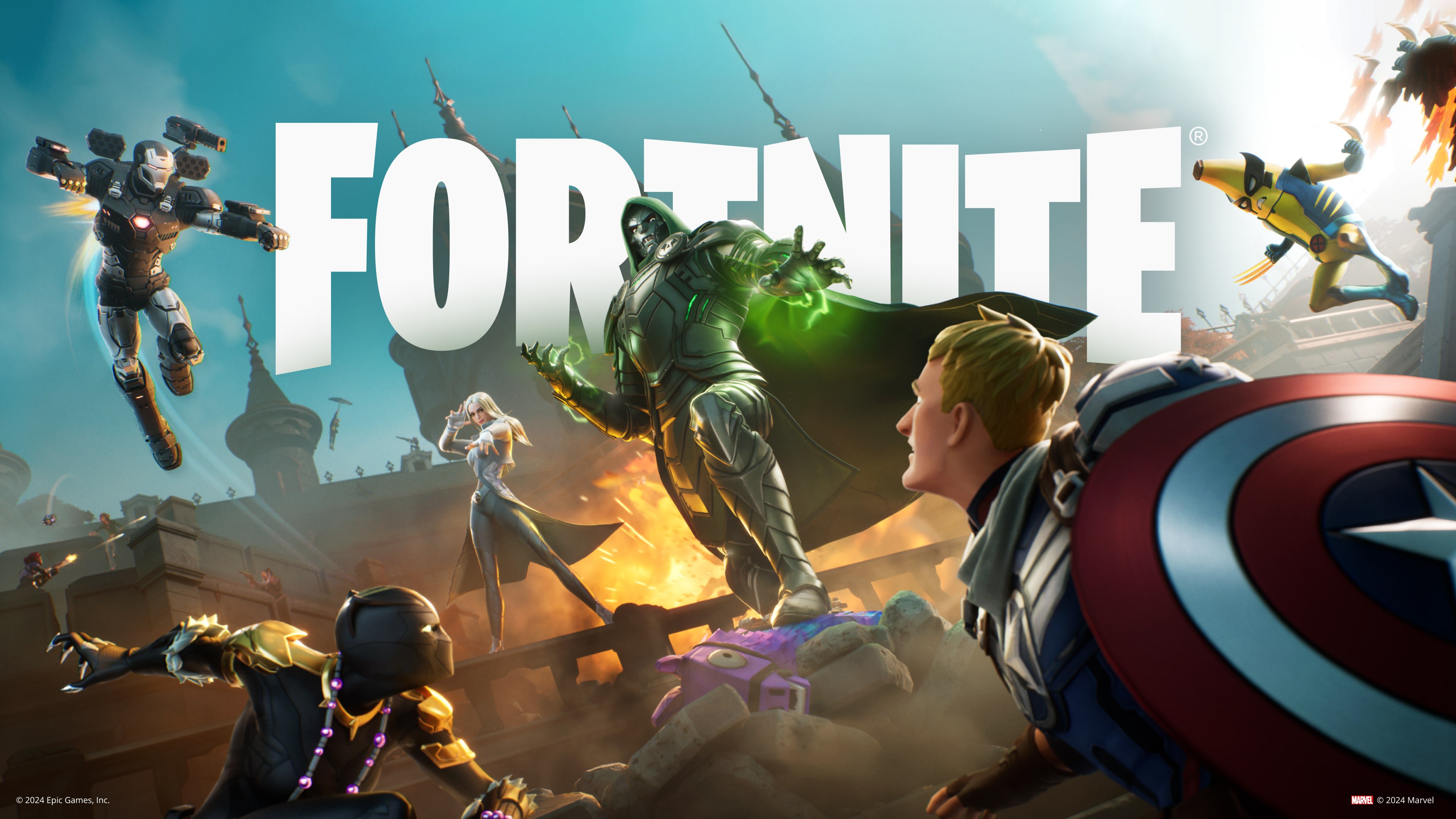 Fortnite, Super-heróis da Marvel, Doutor Destino, Máquina de Combate, Capitão América, Pantera Negra
