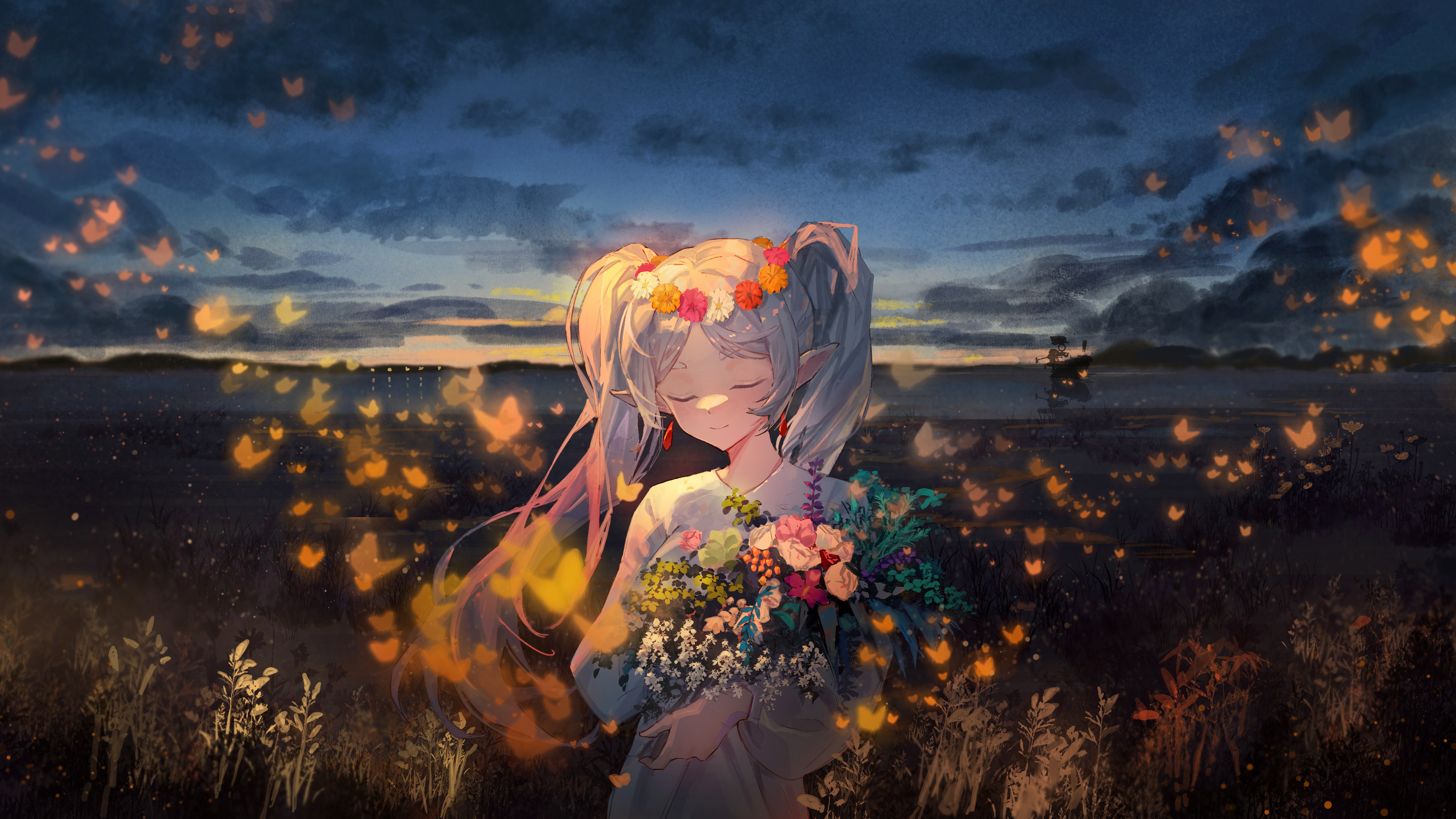 Frieren, Garota de anime, Surreal, Buquê de flores, 5K, Frieren: Beyond Journey's End