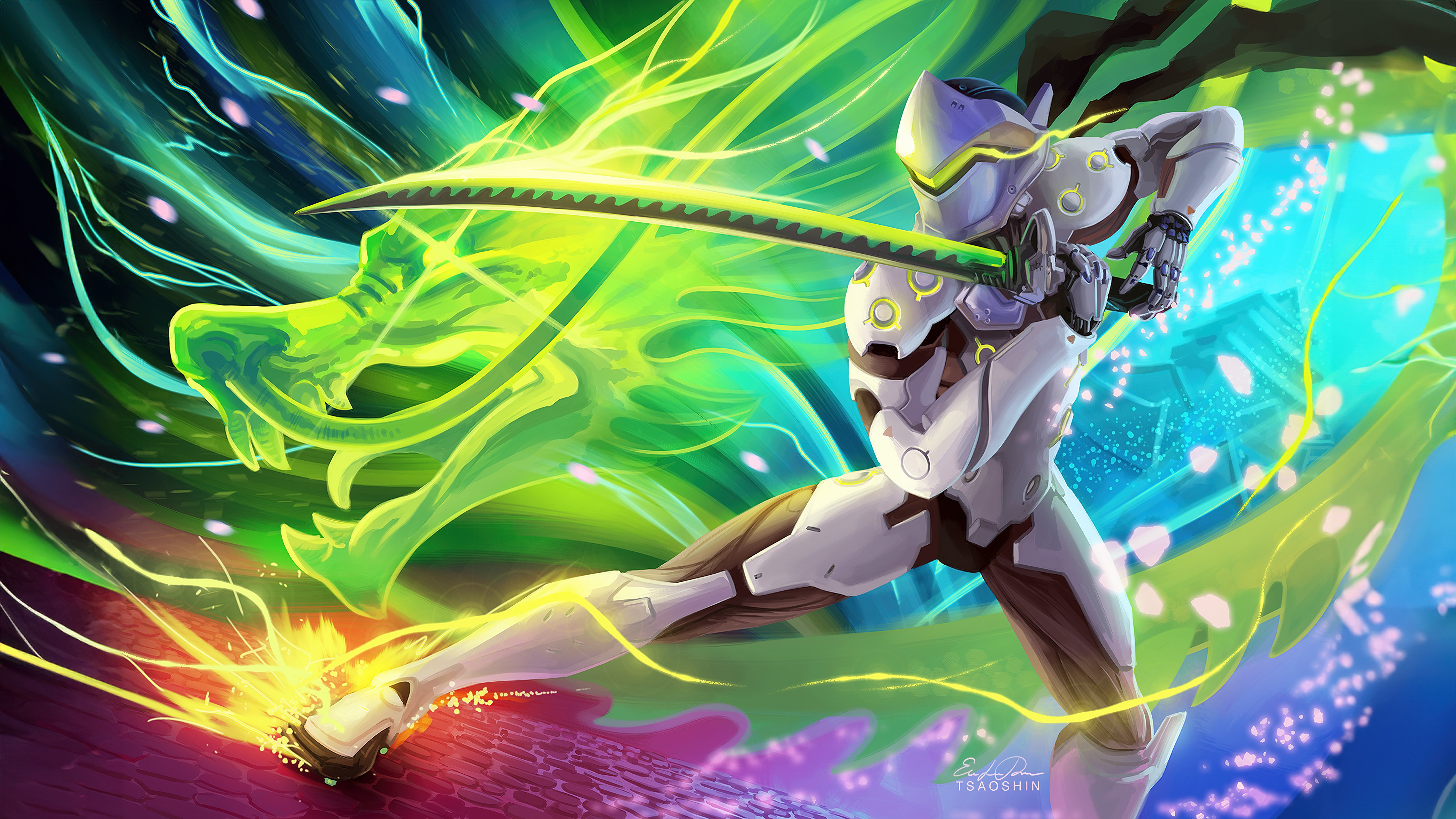 Genji, Arte colorida, Overwatch, 5K