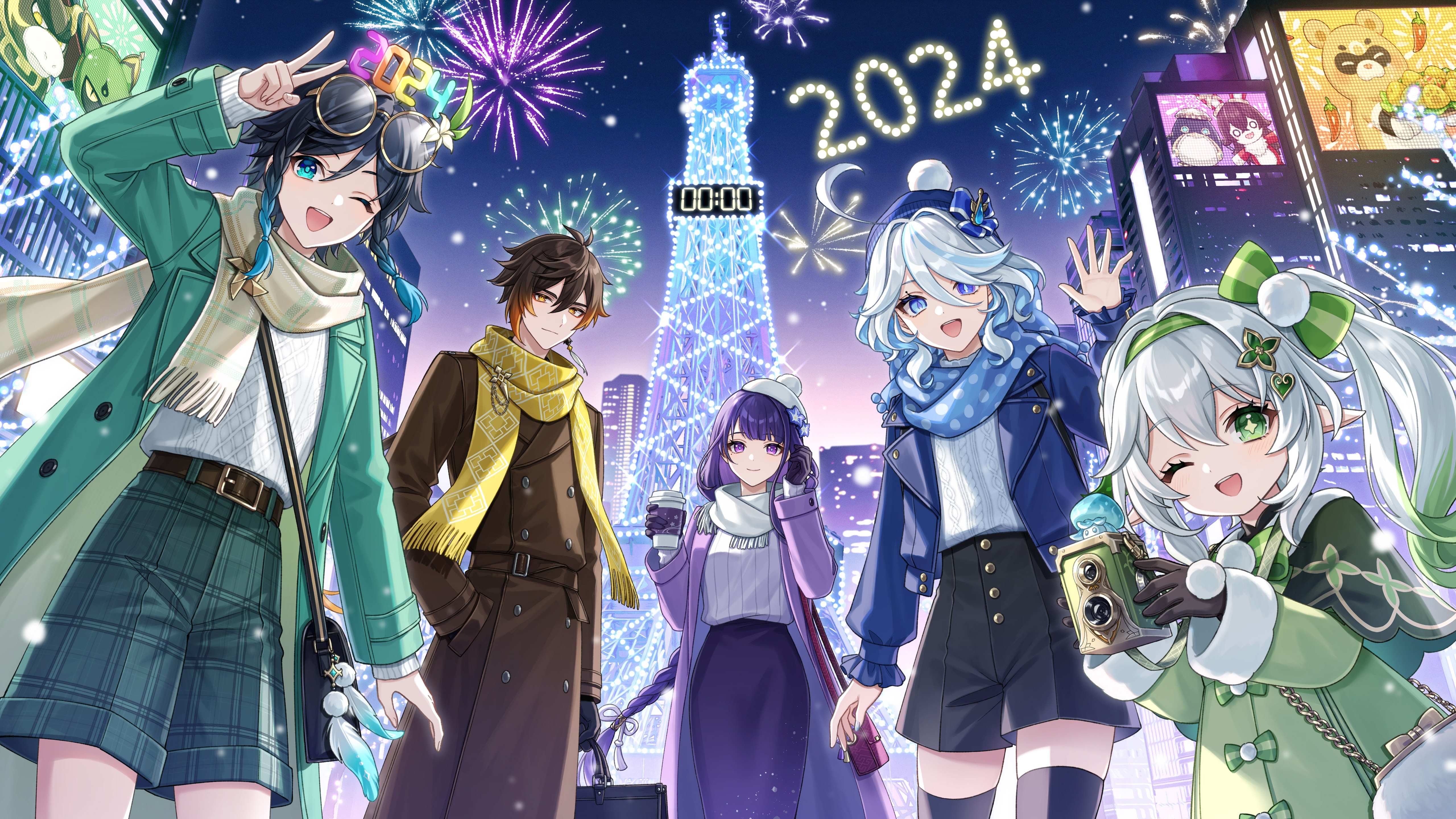 Genshin Impact, Celebrações de Ano Novo, Ano Novo de 2024, Zhongli, Raiden Shogun, Furina, 5K